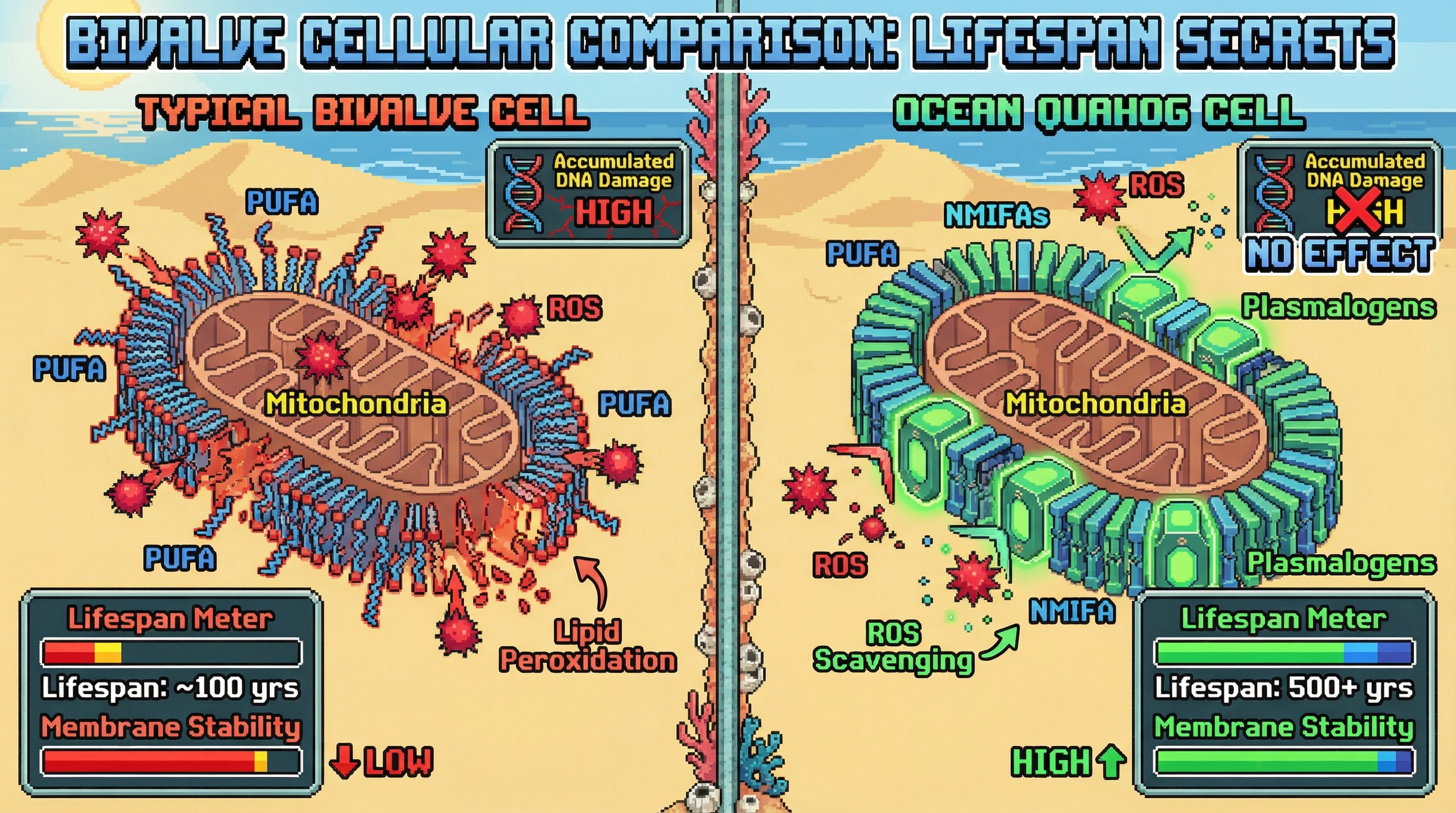 This infographic illustrates how Ocean Quahogs achieve extreme longevity by maintaining stable mitochondrial membranes, primarily through specialized lipids that resist damage and scavenge reactive oxygen species, rather than solely relying on DNA repair.