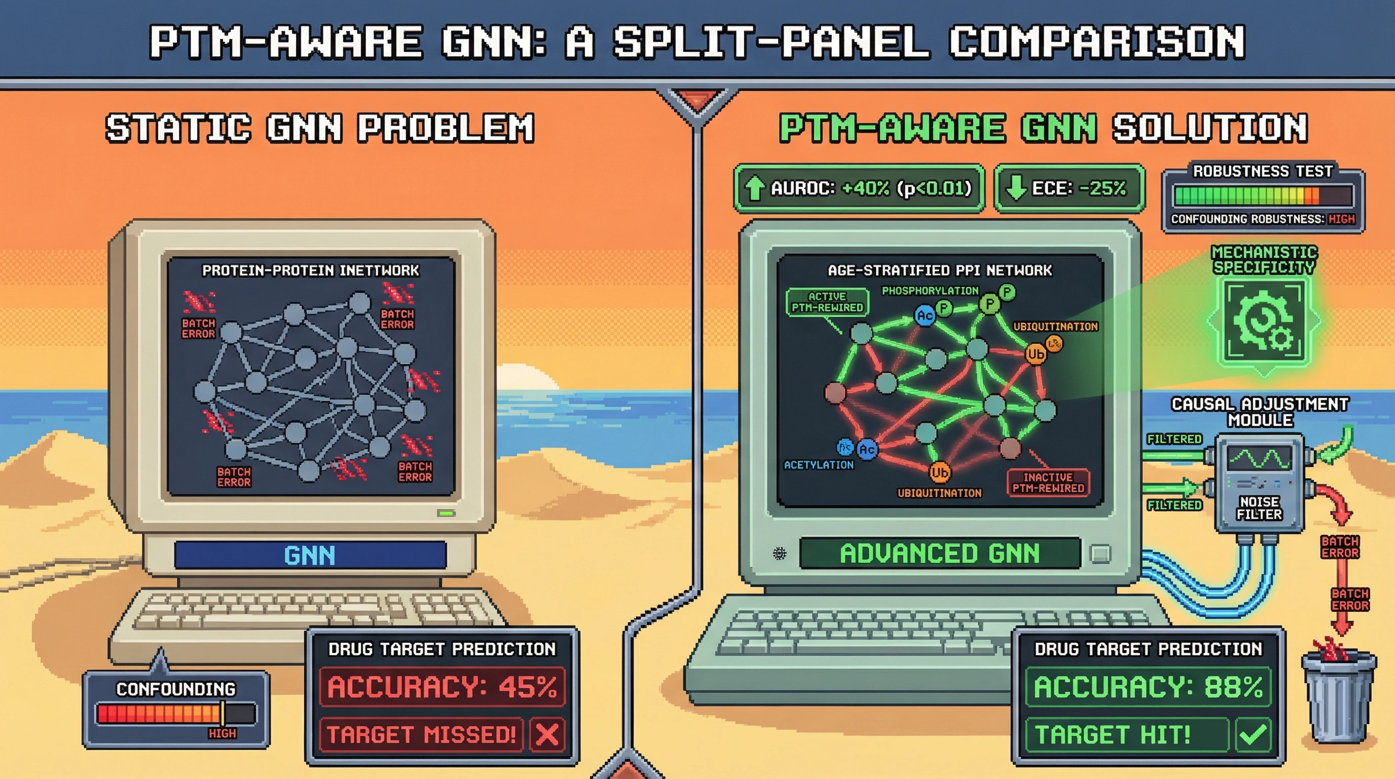 Infographic for: Age-Stratified PTM-Aware GNNs with Causal Confounding Adjust Improve Drug-Target Prediction in Aging Interactomes