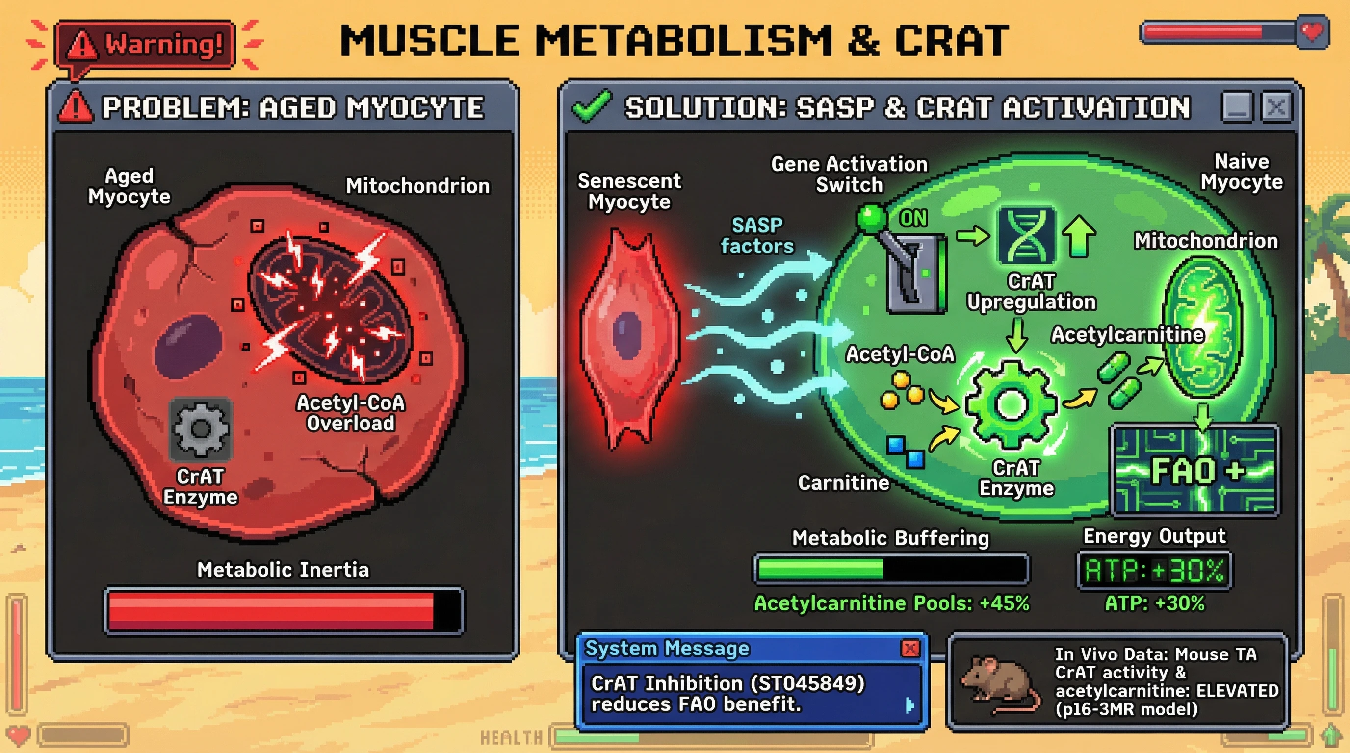 Infographic for: Senescent Myocytes Modulate Neighboring Muscle Metabolism via SASP‑Driven CrAT Upregulation