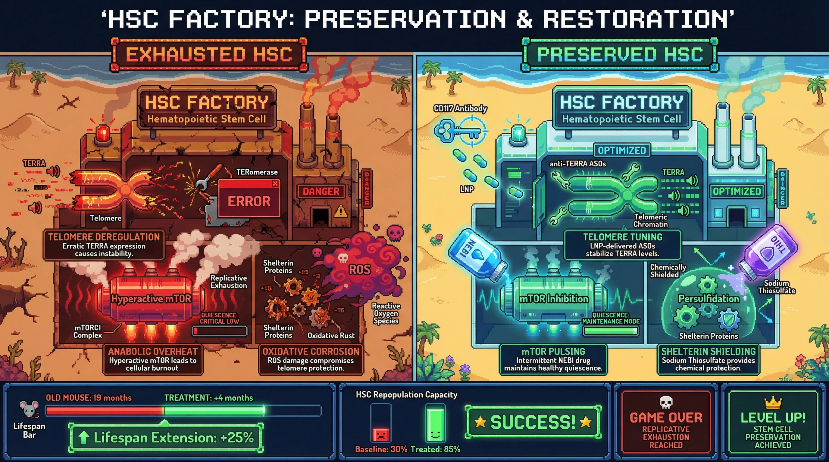 This infographic, styled as a retro game interface, illustrates a 'Master-Copy Preservation' strategy to combat stem cell exhaustion by targeted intervention. It shows how 'Tune, Pause, & Shield' mechanisms protect Hematopoietic Stem Cells, leading to increased repopulation capacity and extended lifespan in an aging model.