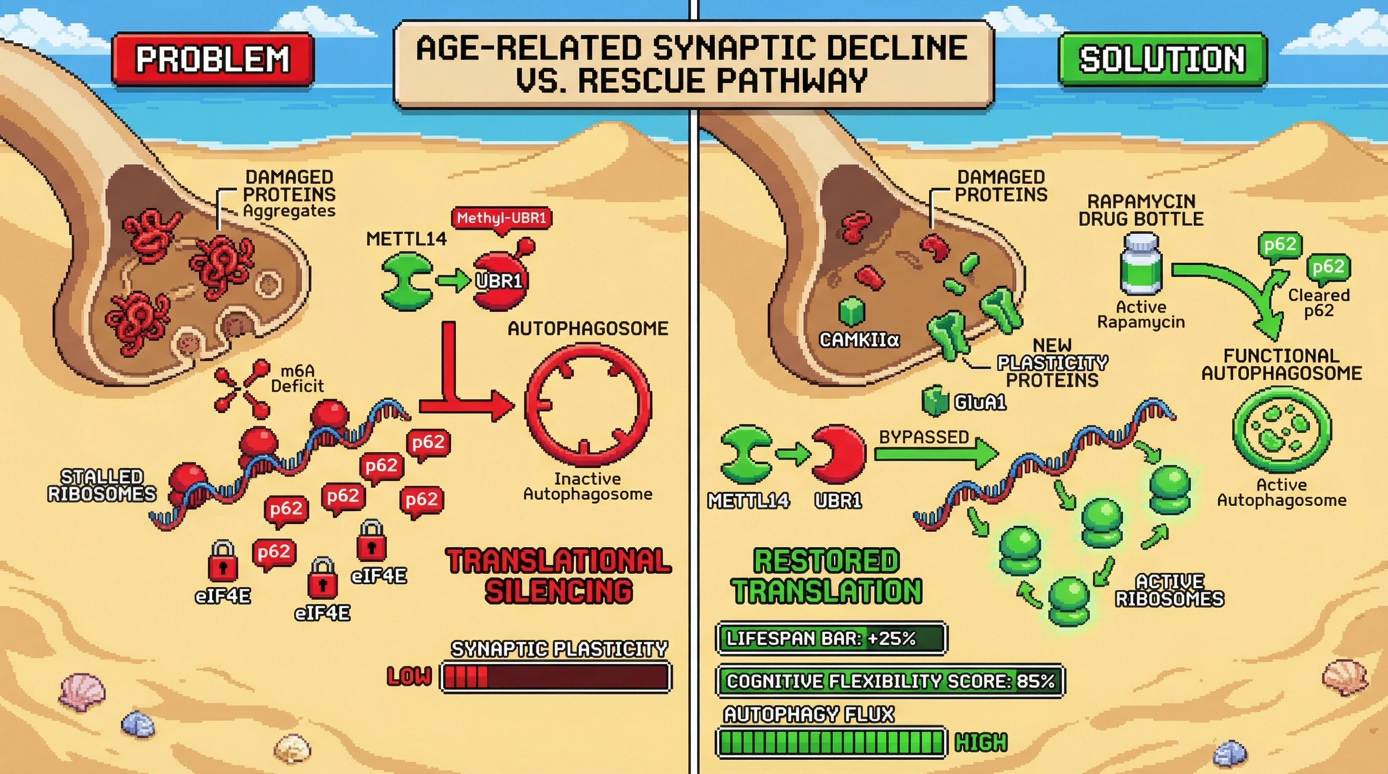 Infographic for: Age‑related m6A loss impairs synaptic protein renewal by coupling translational silencing to autophagy inhibition via METTL14‑mediated UBR1 methylation