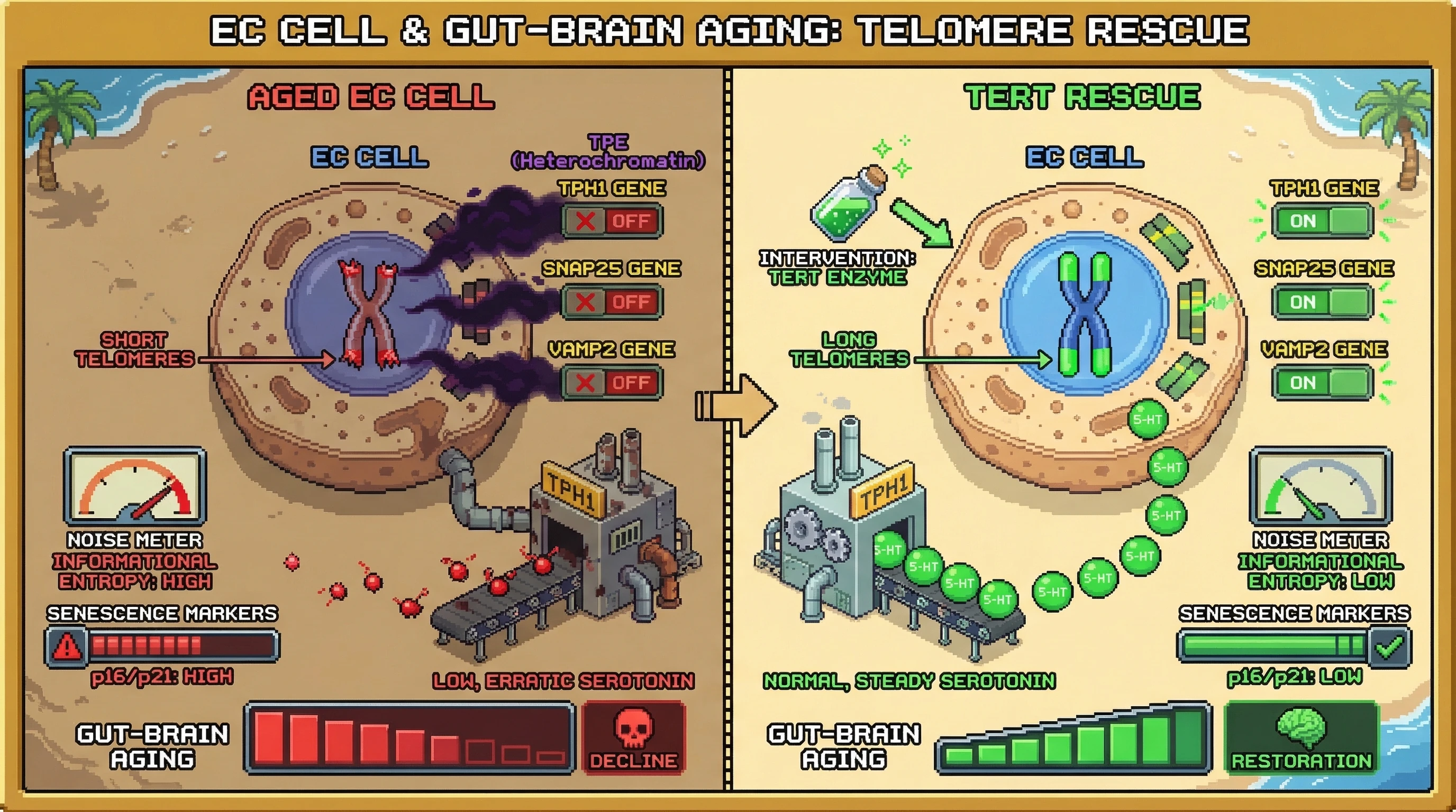 Mechanism: Shortening telomeres in Enterochromaffin (EC) cells induce gene silencing (TPE), reducing serotonin synthesis and increasing signaling noise, which contributes to gut-brain aging. Readout: Readout: Forced telomerase (TERT) expression rescues telomere length, restores TPH1 expression and serotonin release, and reduces senescence markers p16/p21.