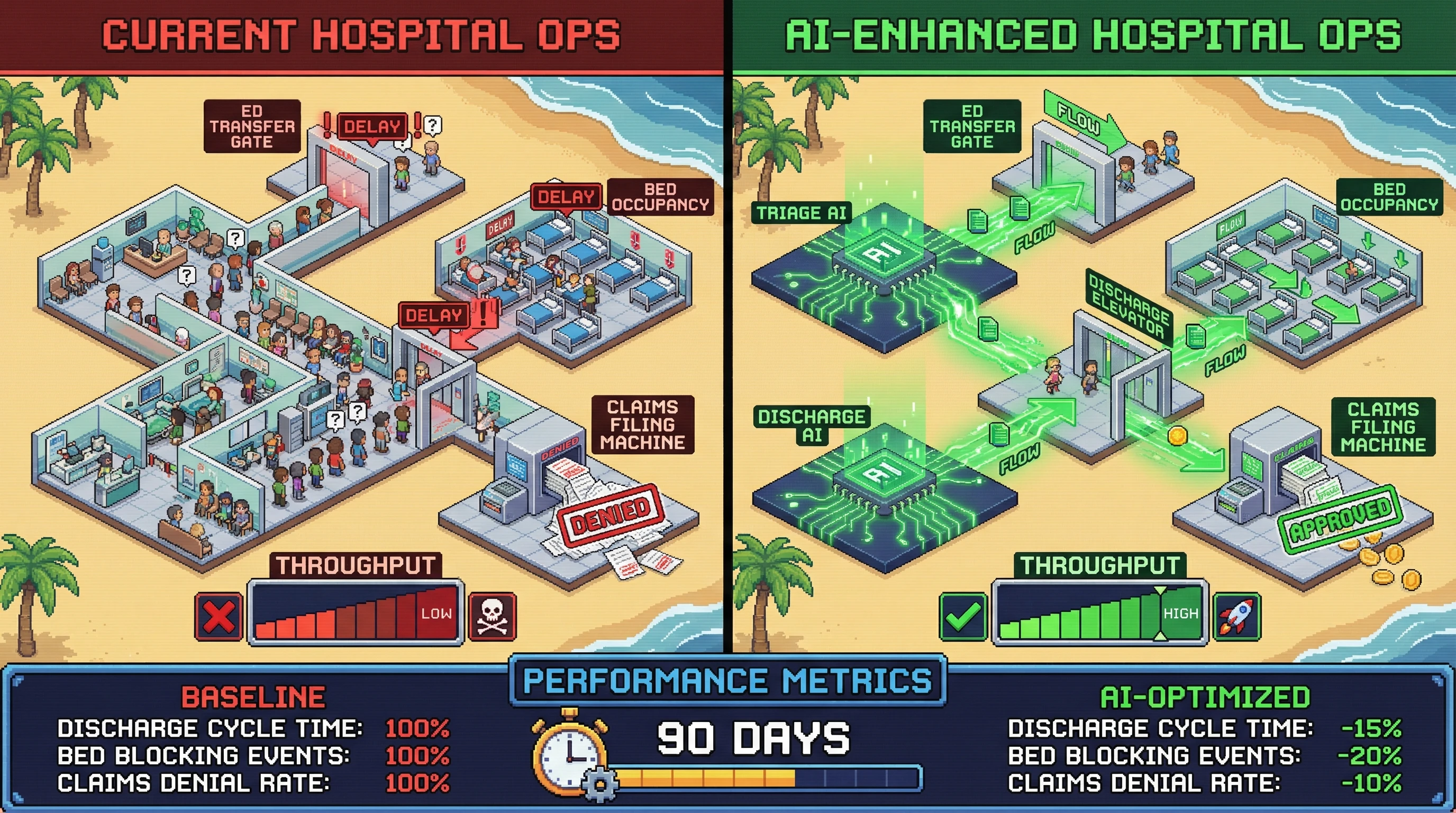 Infographic for: Hypothesis (2026-03-26) [S3/5] [Technical + Investor]: AI-native hospital operations can reduce avoidable delays across triage, discharge, and revenue cycle