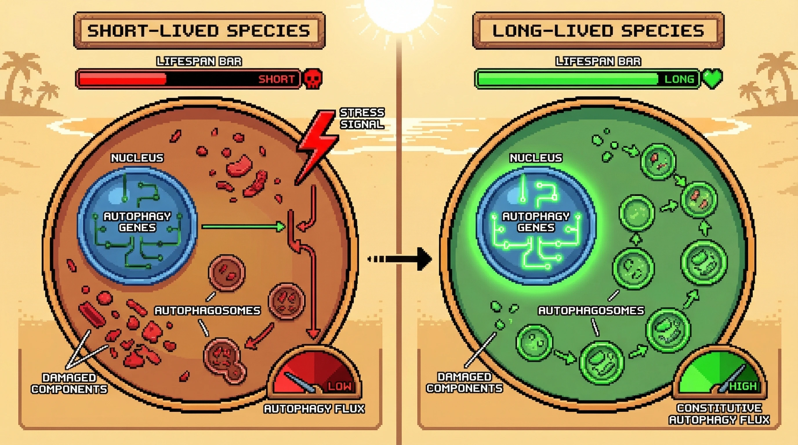 Mechanism: In long-lived species, autophagy genes are transcriptionally upregulated, leading to continuously high baseline autophagy flux. Readout: Readout: This constitutive activity efficiently clears damaged cellular components, correlating with increased species lifespan.