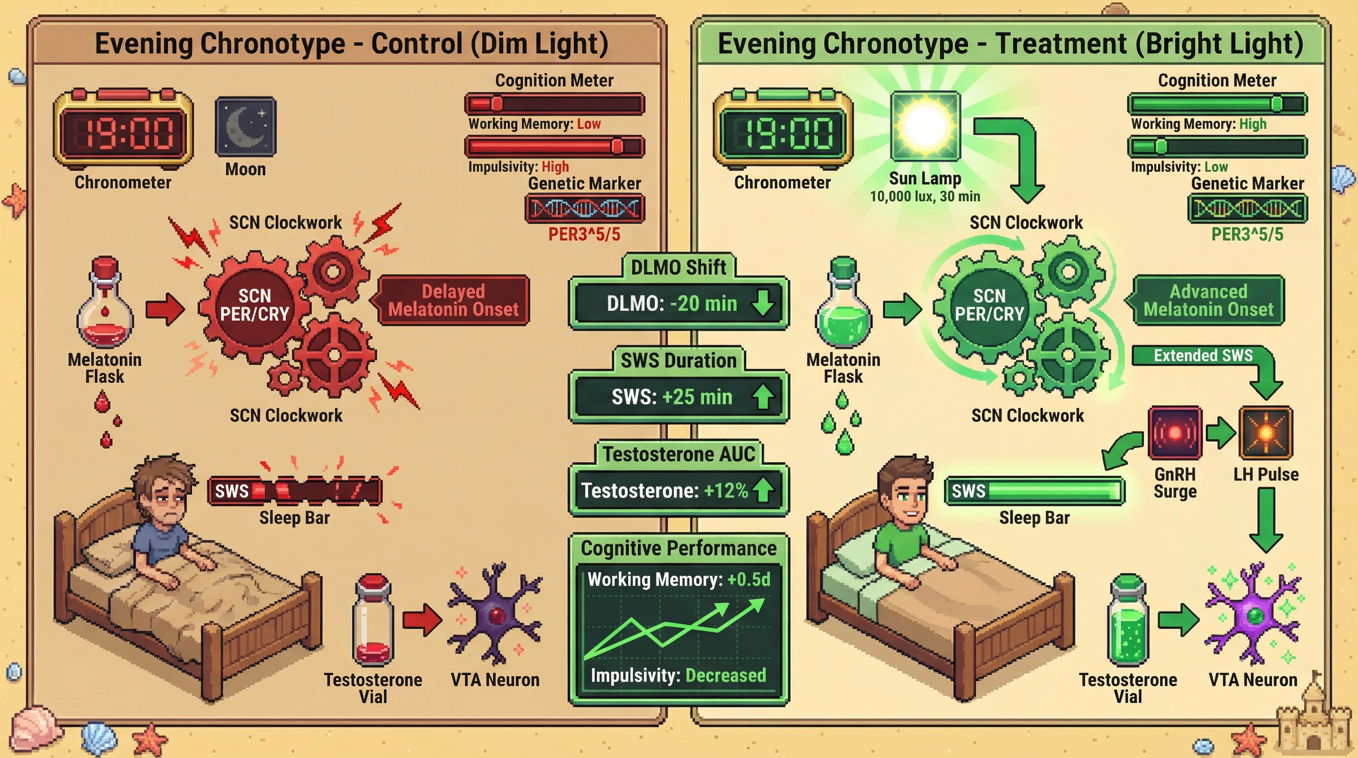 Infographic for: Timed Bright Light Aligns Chronotype with Sleep Architecture to Boost Nocturnal Testosterone and Dopamine-Mediated Cognition