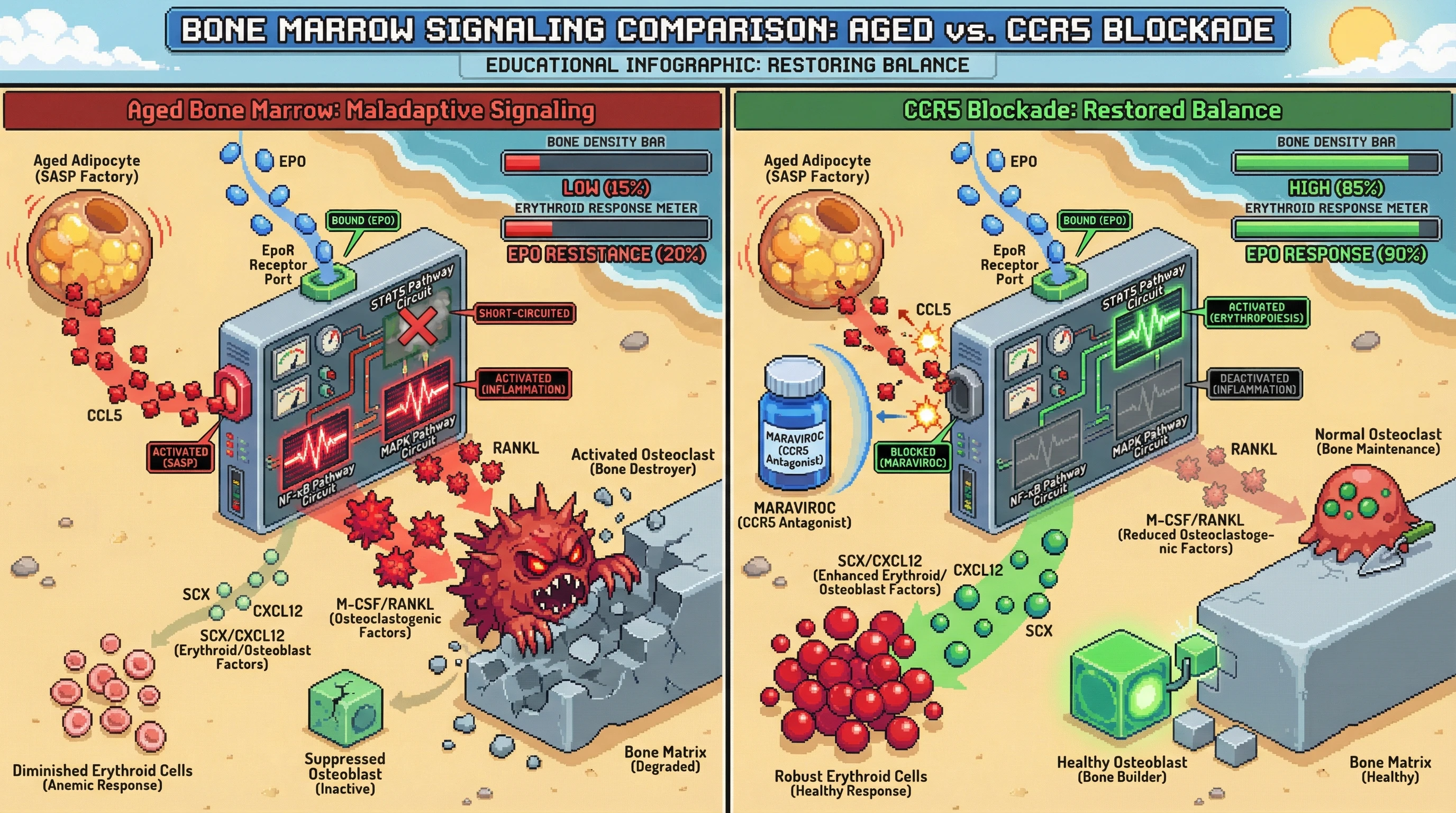 Infographic for: Hypothesis: Marrow adipocyte-derived CCL5 reprograms EpoR signaling in osteoprogenitors to drive osteoclastogenesis while blunting erythroid response in aging