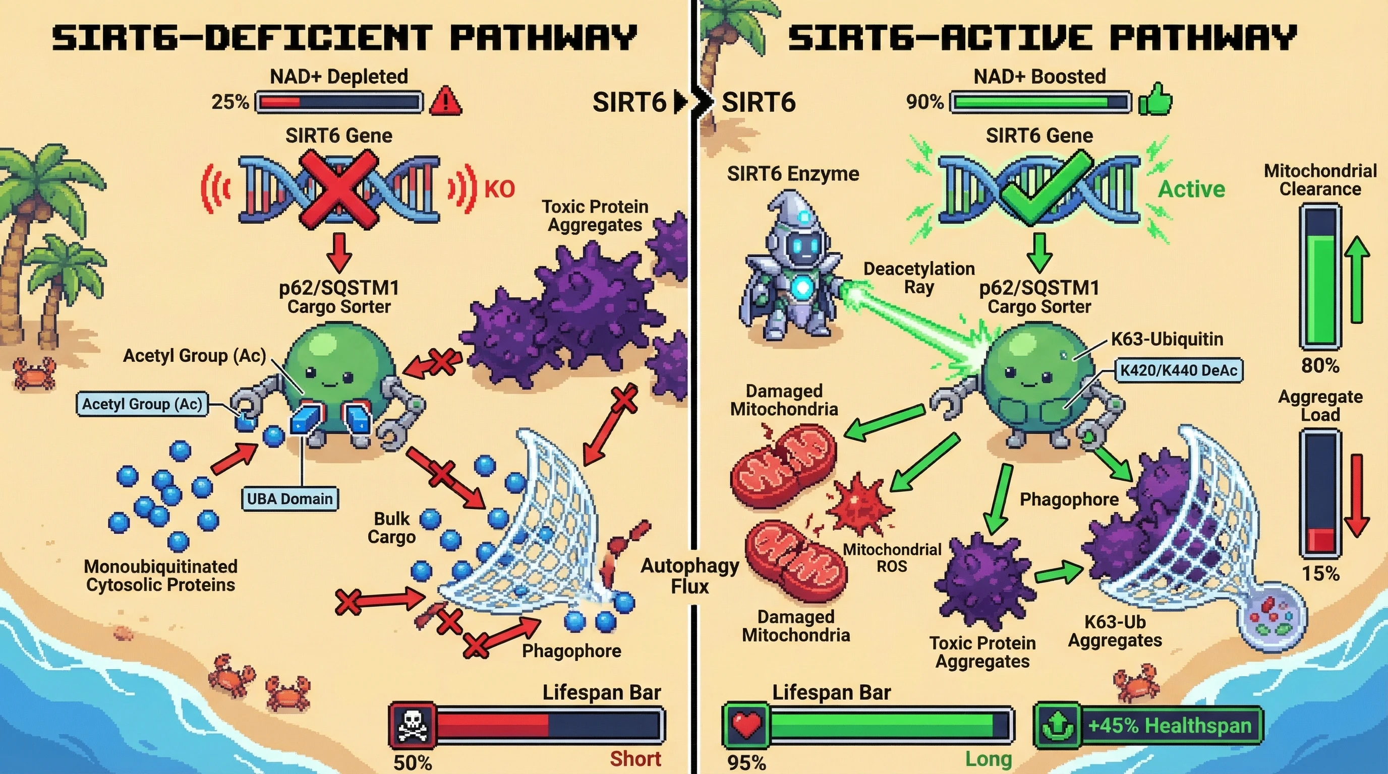 Infographic for: SIRT6‑Dependent Reprogramming of Autophagic Cargo Prioritization via p62 Deacetylation Determines Longevity‑Associated Substrate Selection