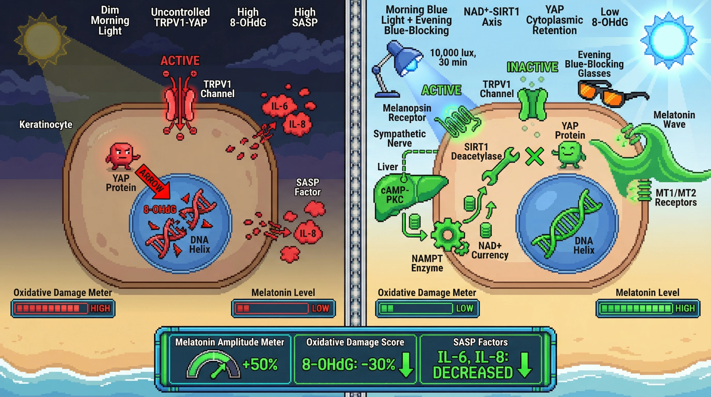 Mechanism: Morning blue light primes NAD+-SIRT1 signaling to retain YAP in the cytoplasm, while evening blue-blocking enhances nocturnal melatonin, together suppressing TRPV1 activity and reducing oxidative damage. Readout: Readout: Urinary melatonin amplitude increases by 50%, 8-OHdG decreases by 30%, and SASP factors IL-6/IL-8 are reduced.