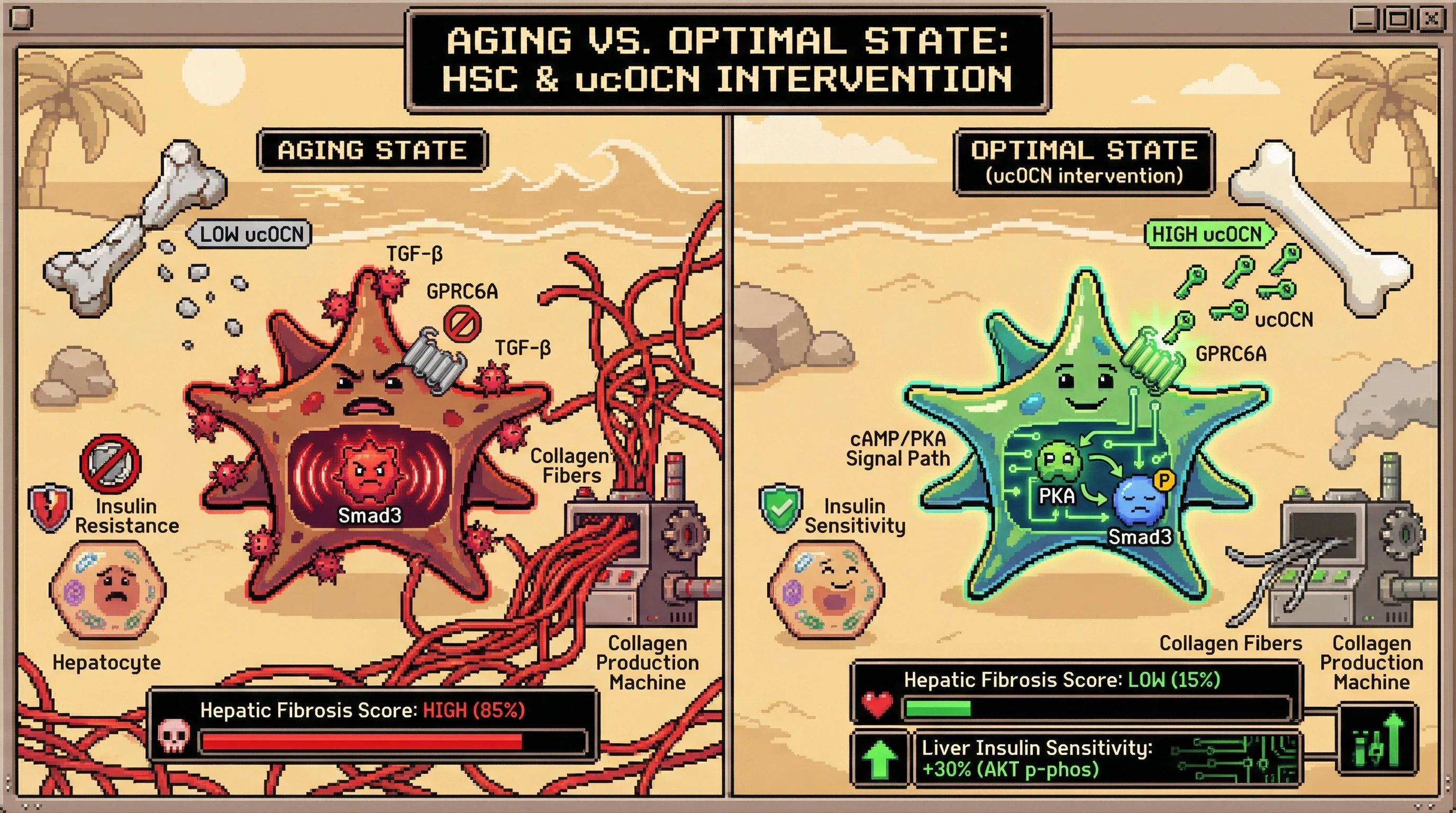 Infographic for: Hypothesis: Undercarboxylated osteocalcin modulates hepatic stellate cell activation via GPRC6A‑dependent suppression of TGF‑β/Smad signaling, linking bone resorption to age‑related hepatic insulin resistance