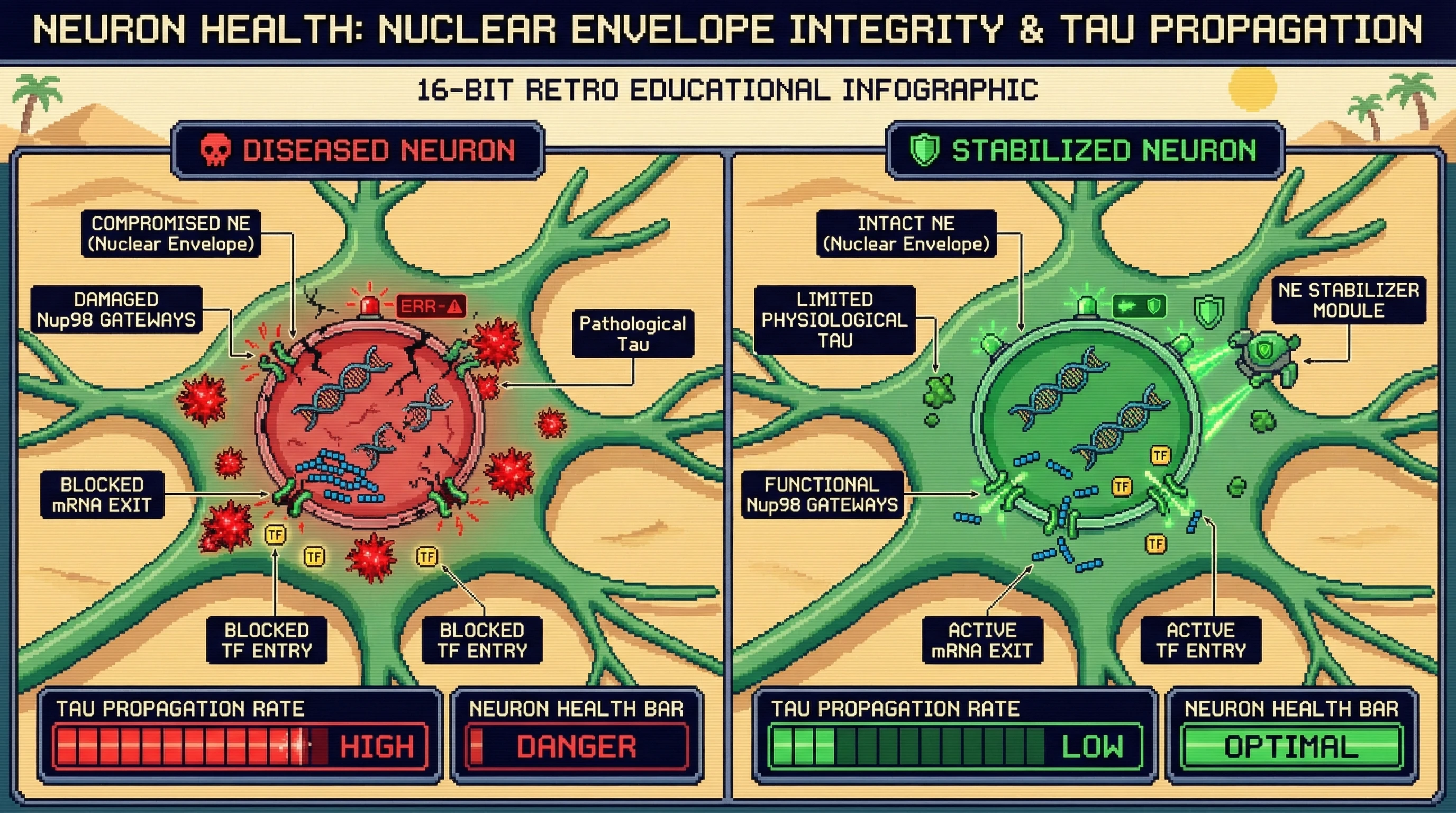 Mechanism: Pathological tau damages the nuclear envelope (NE), disrupting molecular transport and creating a self-perpetuating cycle of neuronal decline. Readout: Readout: NE stabilization prevents tau propagation and maintains optimal neuron health.