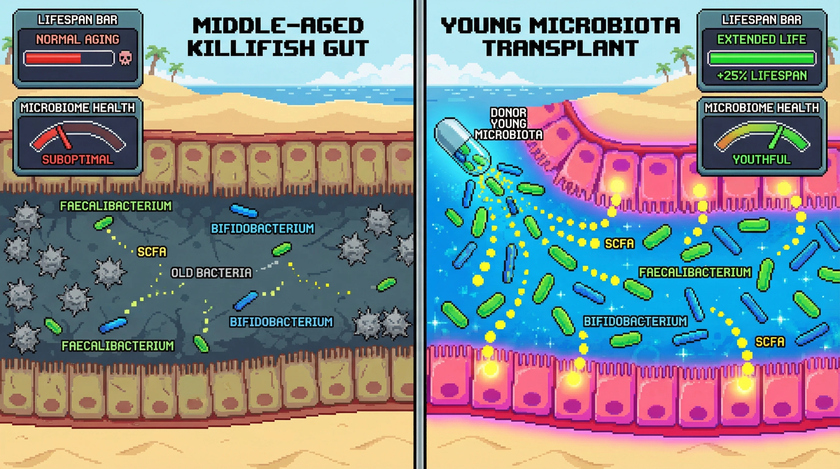 This infographic illustrates how transplanting young, SCFA-producing gut bacteria (Faecalibacterium, Bifidobacterium) to middle-aged killifish promotes a youthful microbiome and significantly extends lifespan, mirroring observations in long-lived mammals.