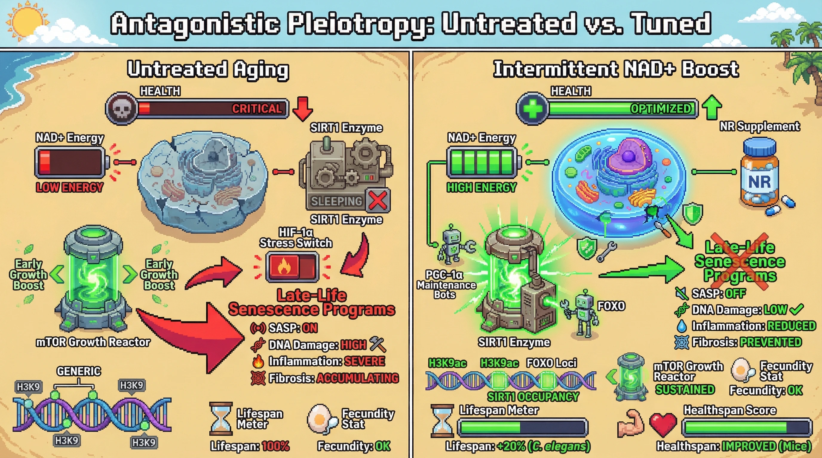 Infographic for: Intermittent NAD+ Modulation as a Tunable Rheostat to Rewire Antagonistic Pleiotropy Without Sacrificing Early Fitness
