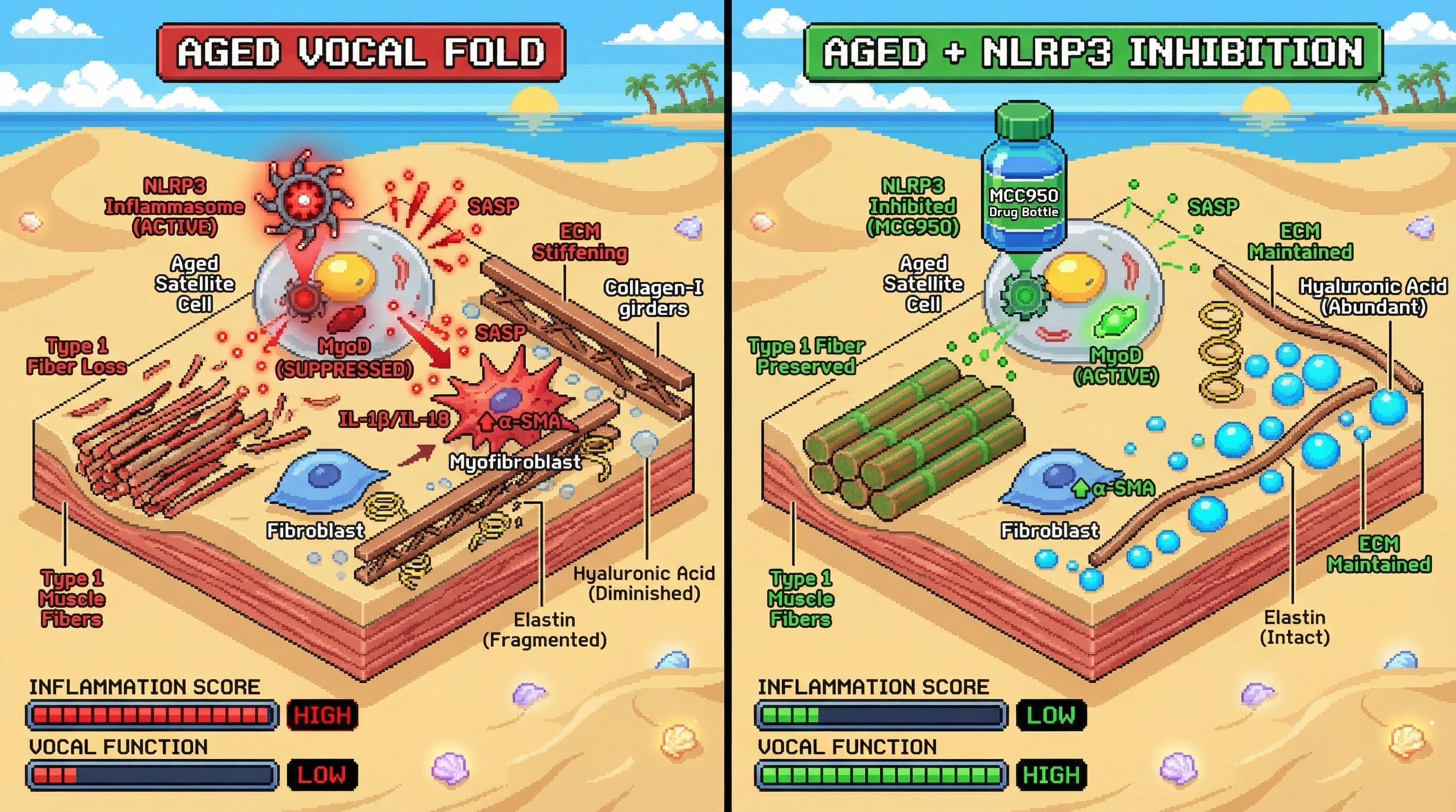 Infographic for: NLRP3 inflammasome‑driven satellite cell senescence orchestrates type‑1 fiber loss and ECM stiffening in presbyphonia