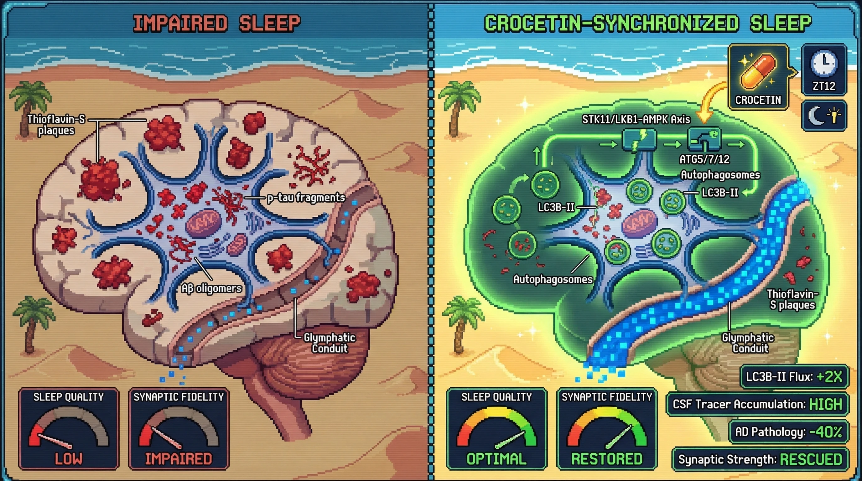Mechanism: Pre-sleep crocetin activates the STK11/LKB1-AMPK axis, inducing autophagy and synchronizing it with glymphatic flow for enhanced brain waste clearance. Readout: Readout: This coordinated action increases LC3B-II flux and CSF tracer accumulation, reducing AD pathology by 40% and rescuing synaptic strength.