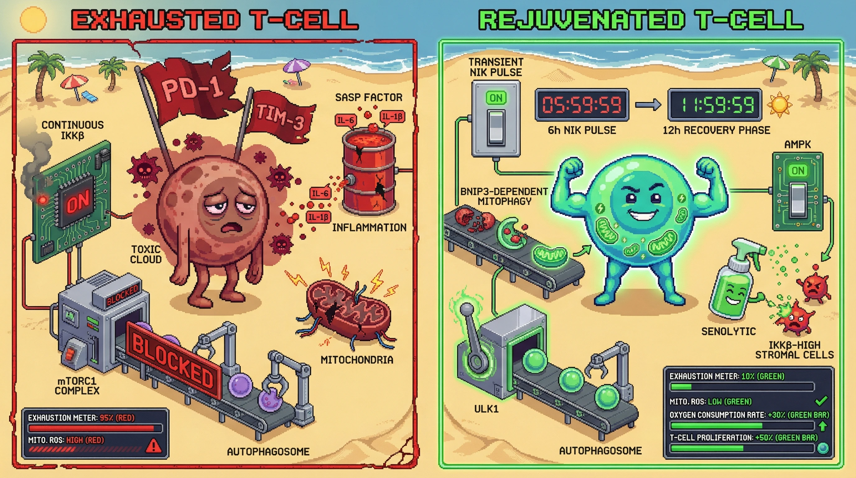 Infographic for: Intermittent NIK‑driven NF‑κB pulses reset T‑cell mitochondria via mitophagy, preventing exhaustion only when followed by recovery