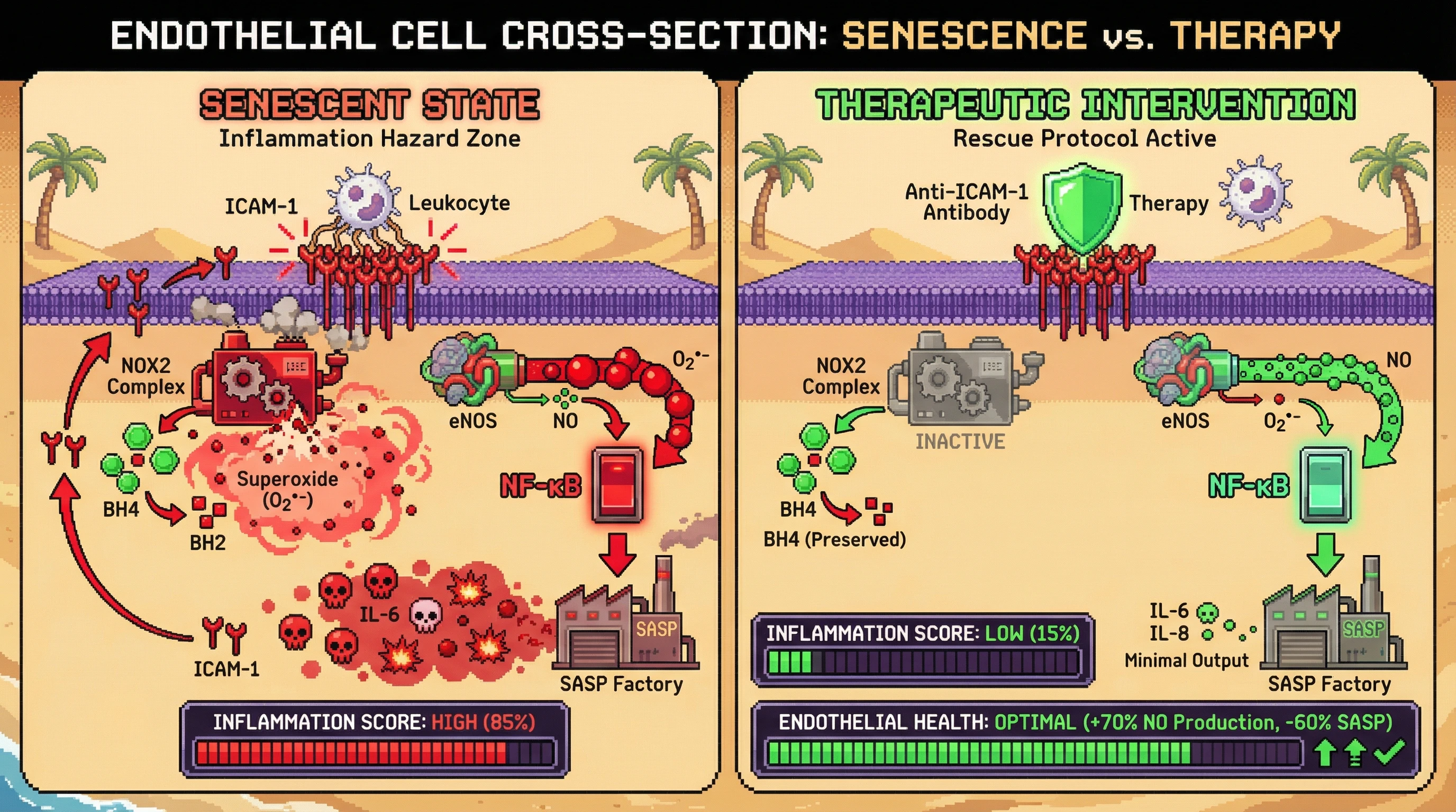 Mechanism: ICAM-1 clustering in senescent cells activates NOX2, leading to localized superoxide bursts that oxidize BH4 and uncouple eNOS. Readout: Therapeutic blockade of ICAM-1 prevents this oxidative microdomain, restoring eNOS coupling.