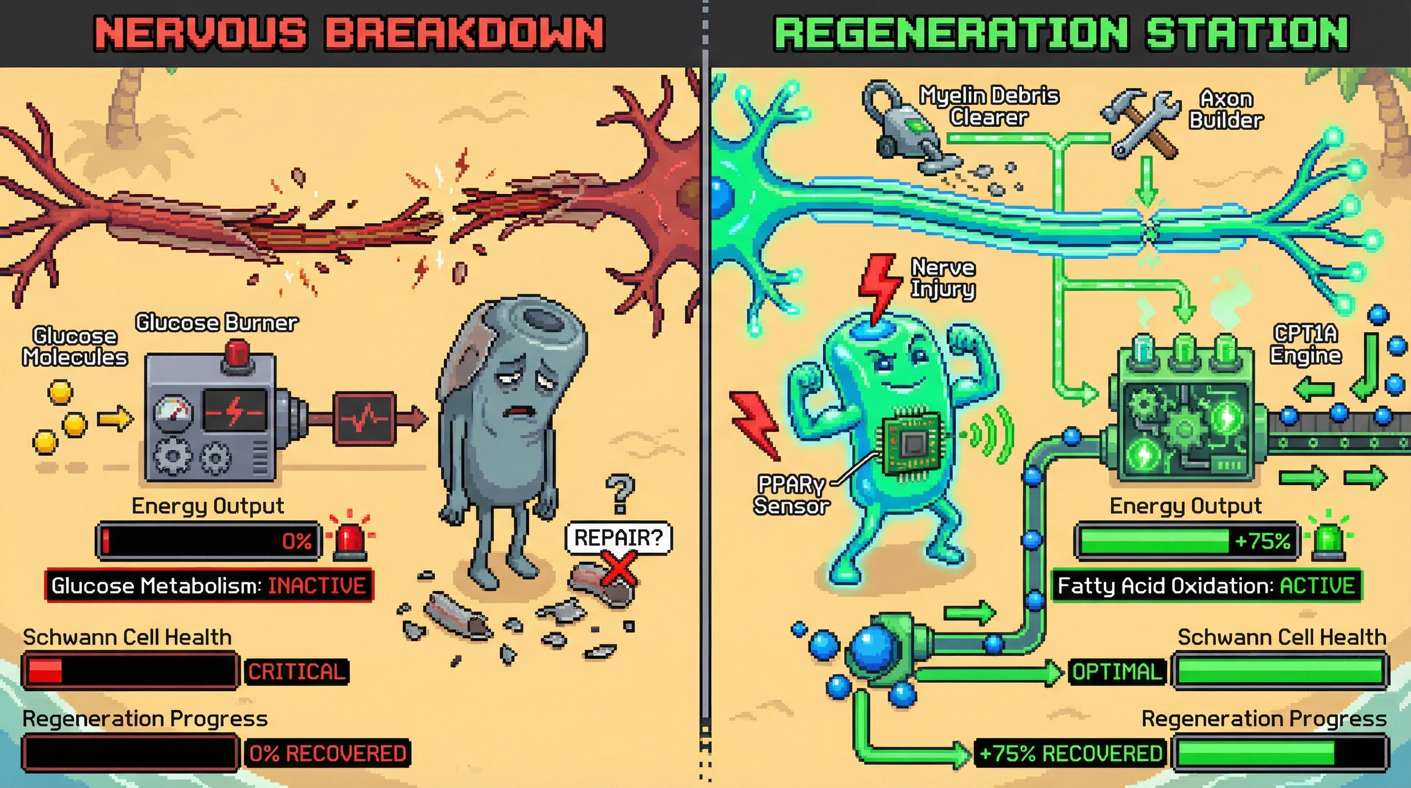 This infographic illustrates how Schwann cells switch from glucose to fatty acid metabolism after nerve injury, a critical process driven by PPARγ and CPT1A, which powers nerve repair and regeneration.