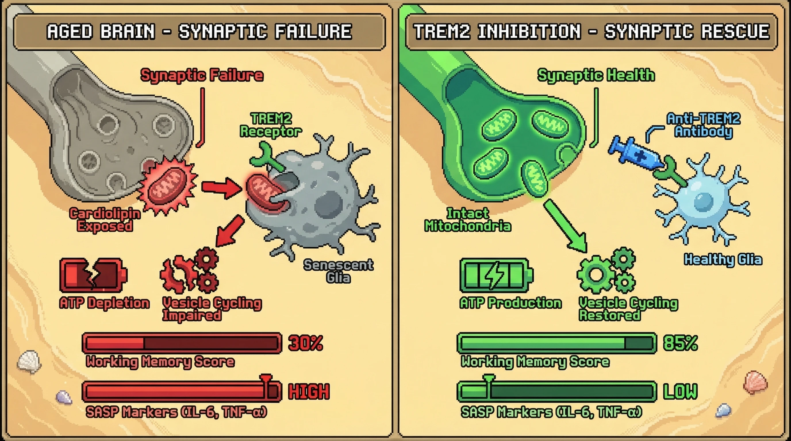 Infographic for: Senescent glia drive age‑related synaptic failure via mitochondrial tagging and complement‑independent phagocytosis