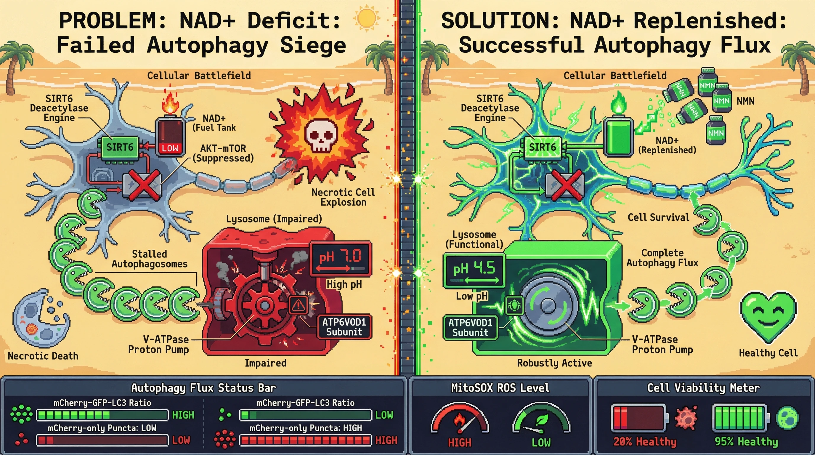 Infographic for: NAD+‑Dependent Completeness of SIRT6‑Driven Autophagy Determines Whether Cellular Siege Leads to Survival or Necrosis