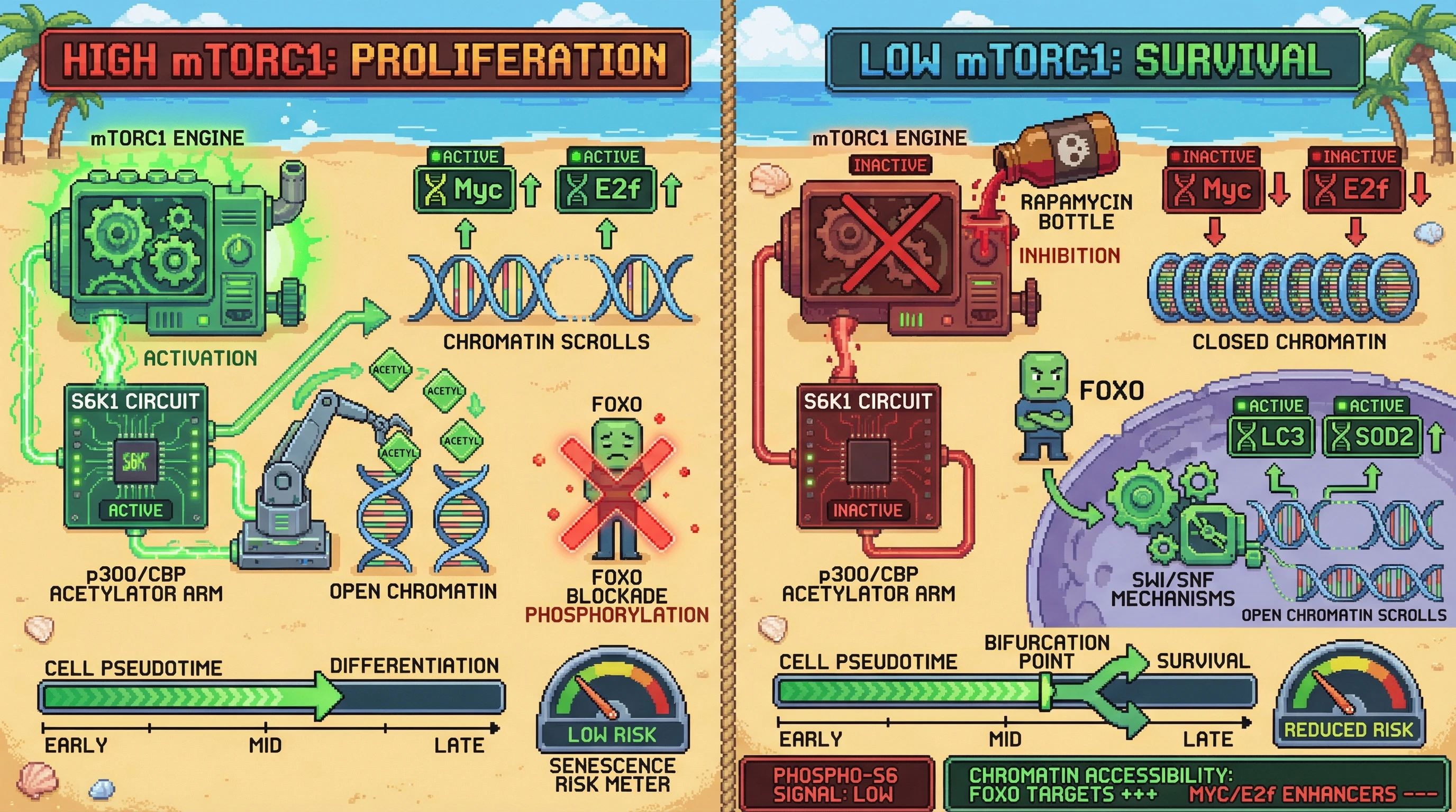 Infographic for: mTOR as a Civilization‑Survival Dial: Predicting Cell‑Fate Bifurcations via Pseudotime‑Resolved Activity Scores
