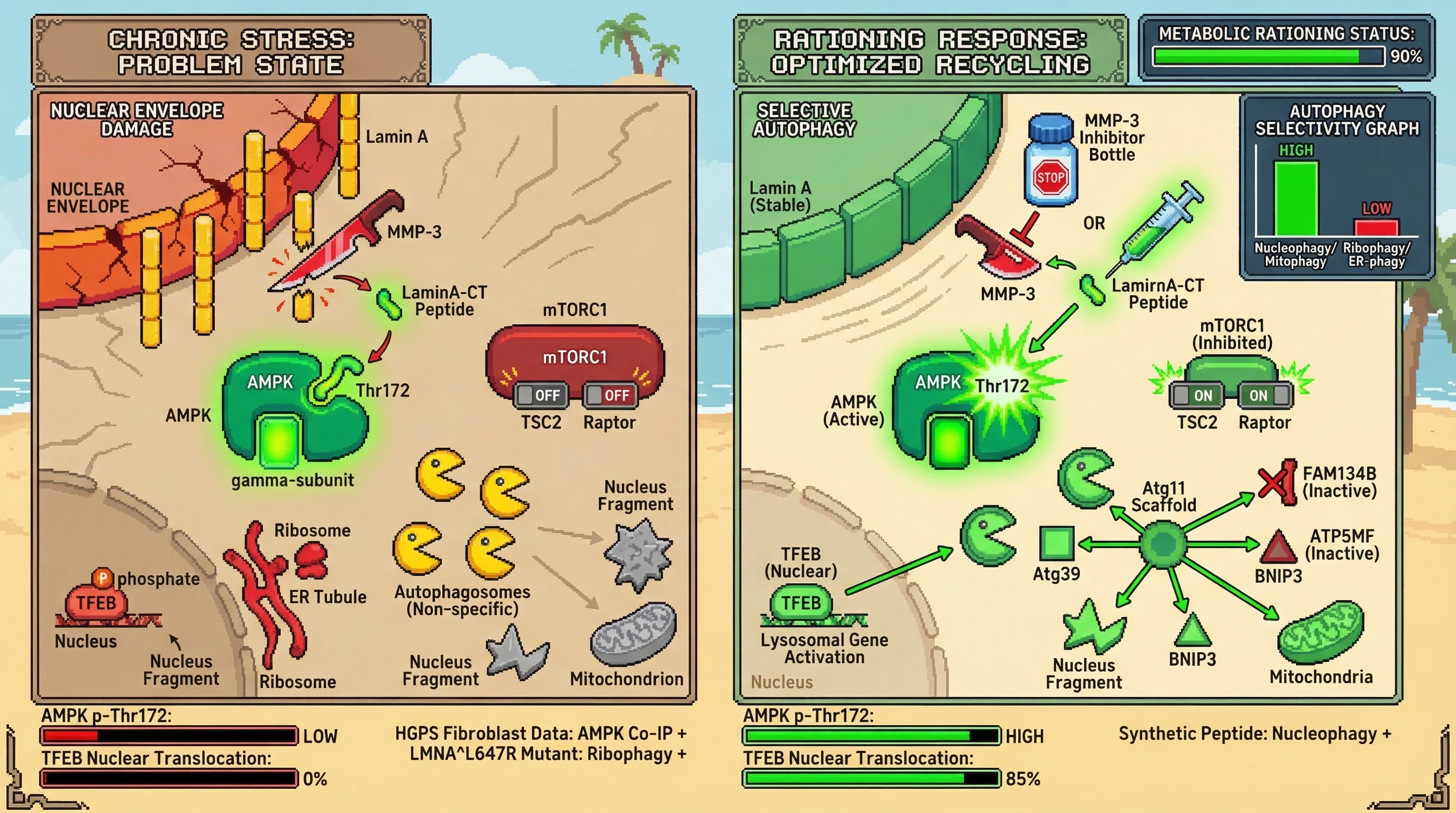 Infographic for: Lamin A Cleavage Generates a Signaling Peptide that Reprograms Autophagy Toward Nuclear Substrates as a Metabolic Rationing Response