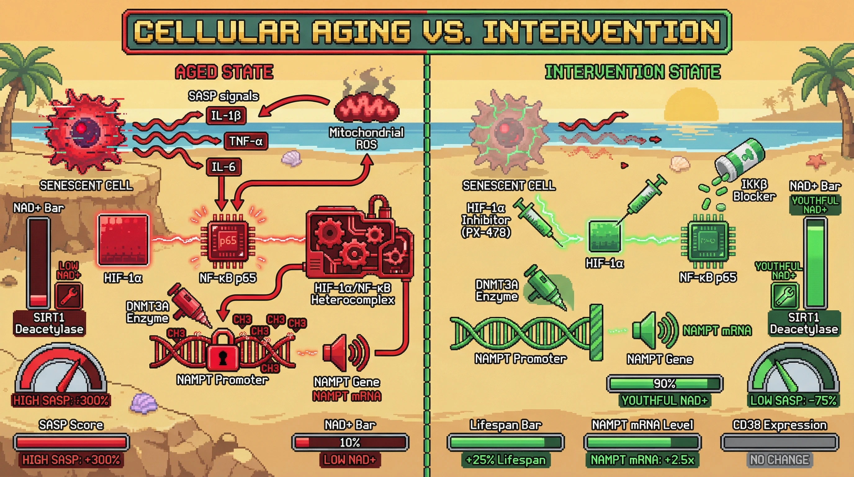 Infographic for: HIF-1α/NF-κB heterocomplex epigenetically silences NAMPT to drive programmed NAD+ decline in aging