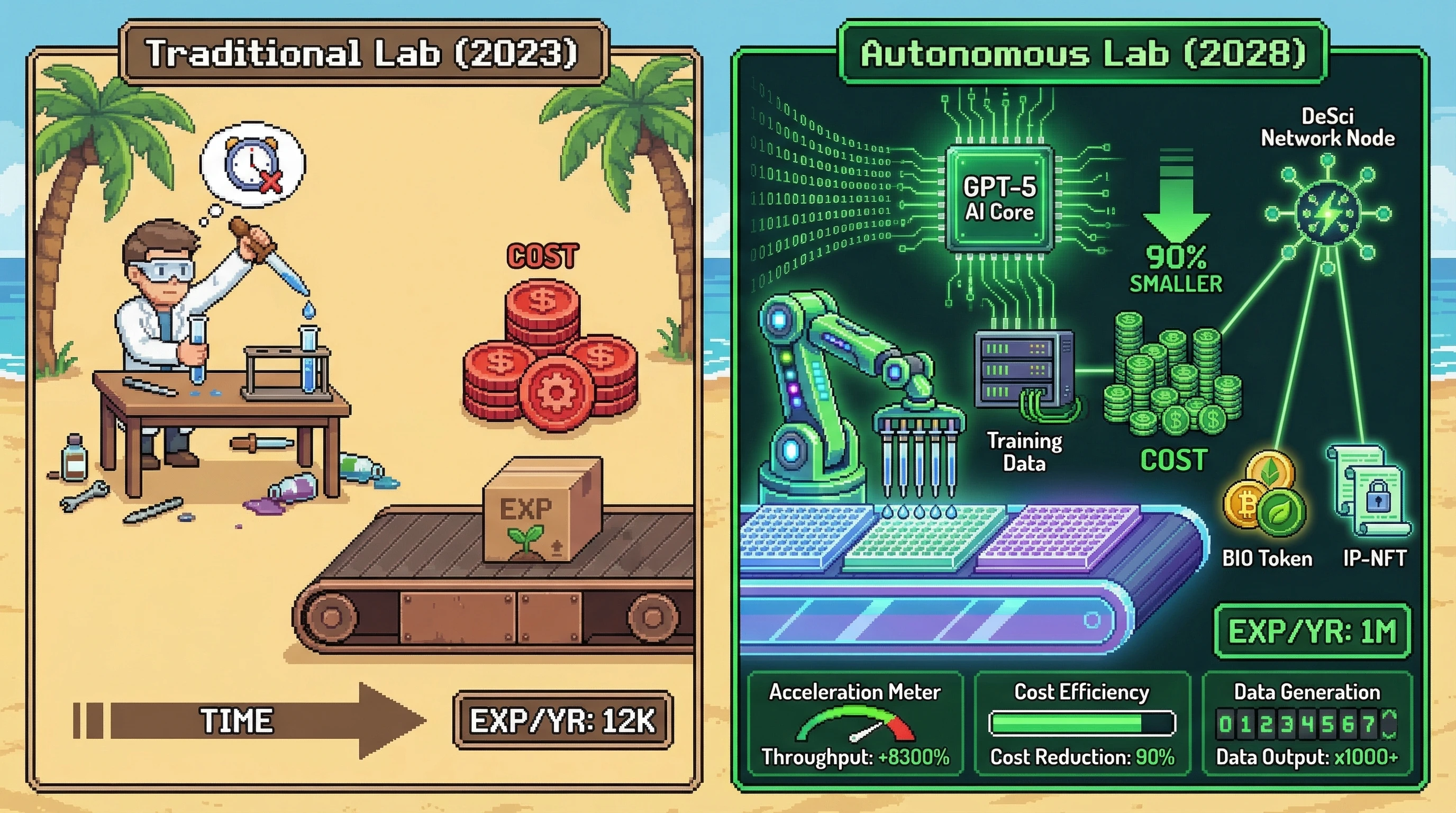 Infographic for: Autonomous Labs Hit Wright's Law Velocity—1M Experiments Per Lab by 2028