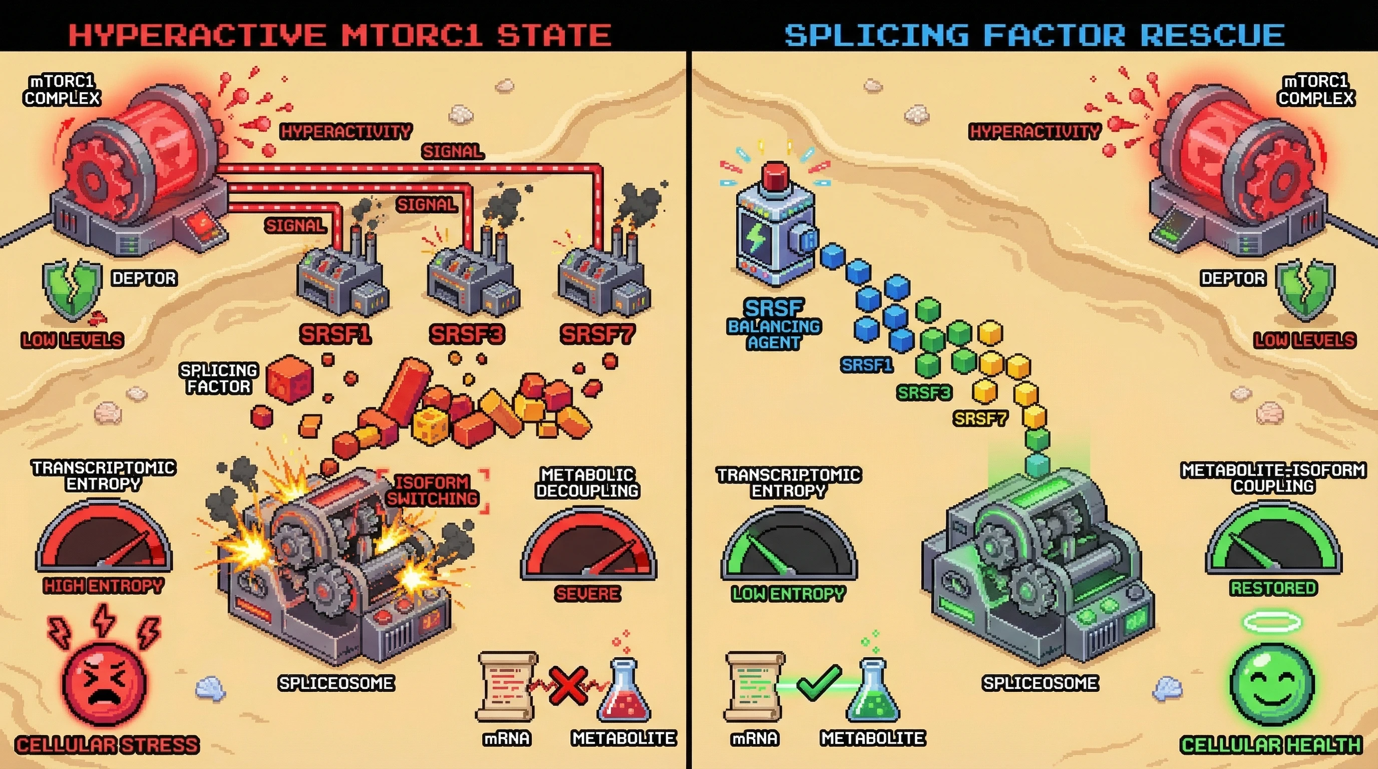 Mechanism: mTORC1 hyperactivation causes an imbalance in SRSF splicing factors, leading to widespread isoform switching and transcriptomic entropy. Readout: Readout: This results in metabolic decoupling, which is mitigated by restoring splicing factor stoichiometry even when mTORC1 remains hyperactive.