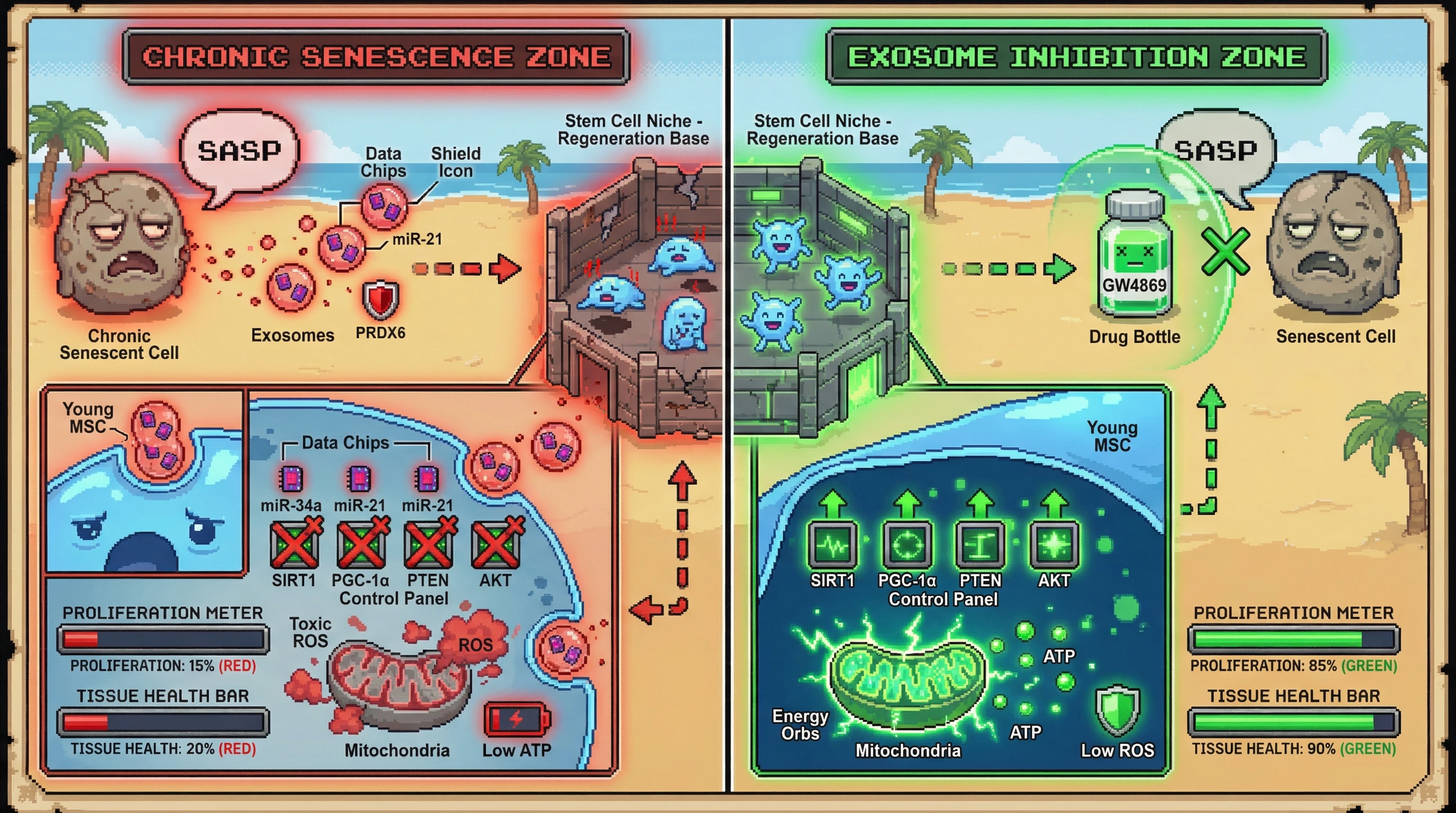 Mechanism: Chronic senescent cells release exosomes containing specific miRNAs and PRDX6, which suppress key metabolic regulators in neighboring stem cells, locking them in a low-energy, quiescent state. Readout: Readout: Inhibiting exosome release with GW4869 restores stem cell metabolic activity and proliferation, leading to improved tissue health.