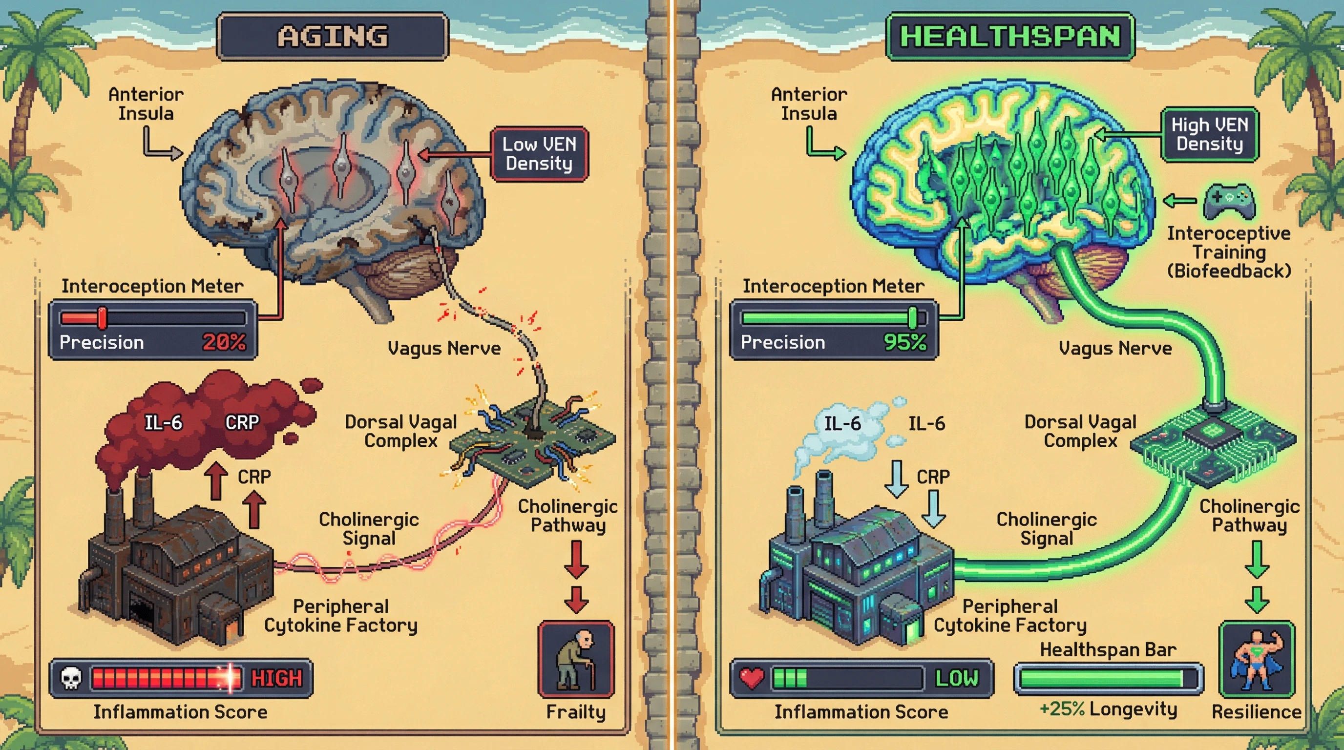Mechanism: Higher Von Economo Neuron density in the anterior insula sustains vagal-mediated anti-inflammatory signaling, reducing peripheral cytokine production. Readout: Readout: This pathway correlates with increased interoceptive precision and a significant reduction in inflammaging markers like IL-6 and CRP over 5 years, suggesting improved healthspan.