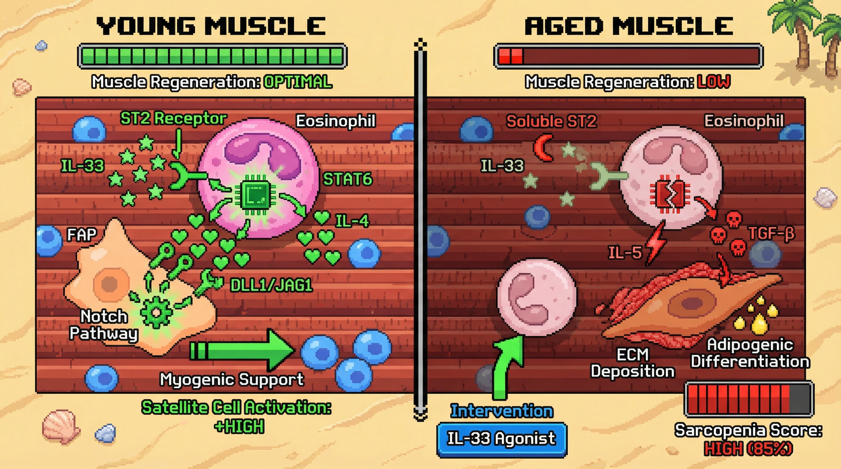 Infographic for: Eosinophil-autocrine IL-33/STAT6 signaling maintains a regenerative phenotype and blocks age‑associated fibro‑adipogenic shift in skeletal muscle