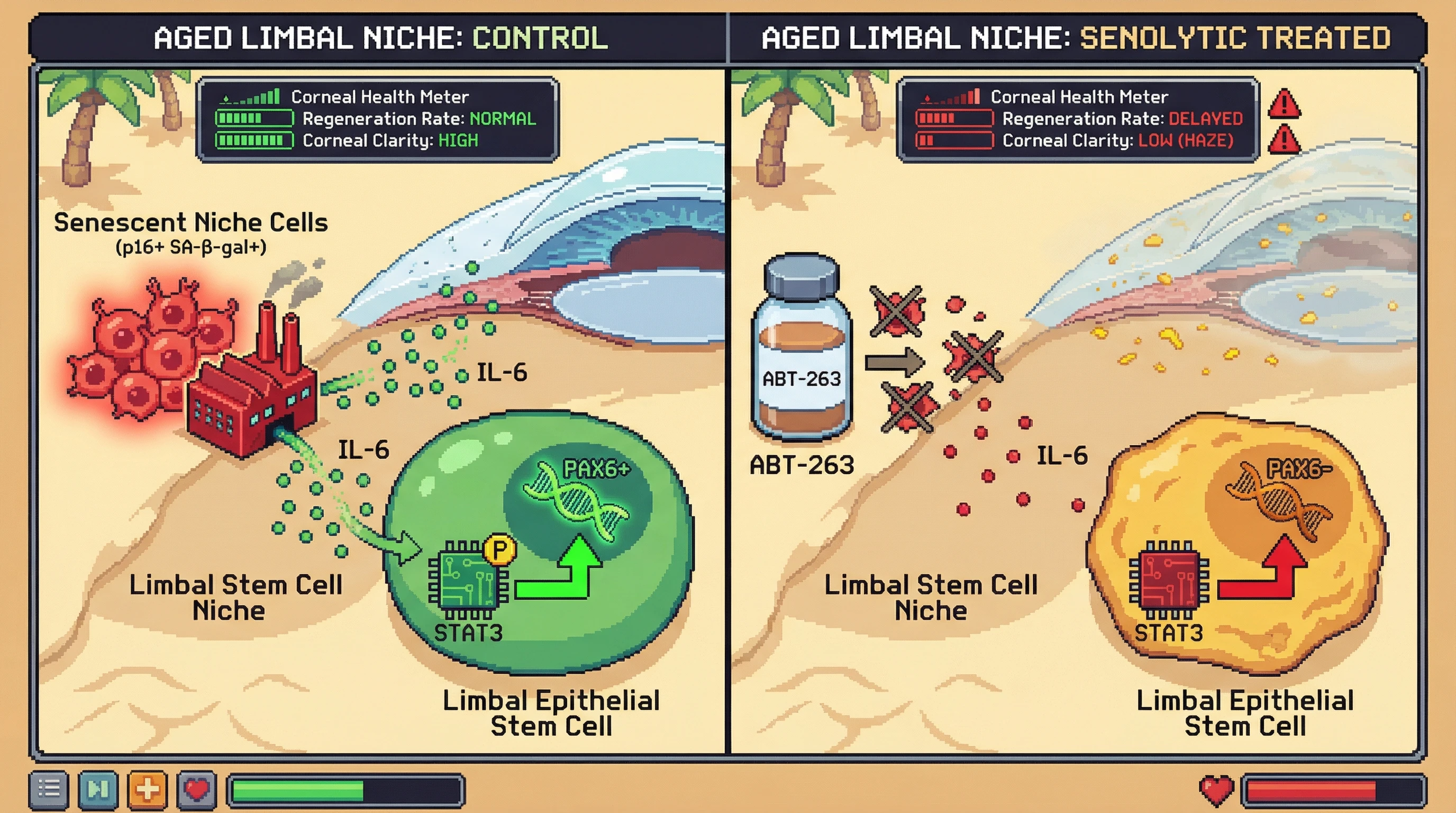 Mechanism: Senescent niche cells in the aged limbus secrete IL-6, activating STAT3 in LESCs to sustain PAX6 and stemness. Readout: Readout: Senolytic clearance of these cells reduces IL-6/STAT3 signaling, diminishing PAX6+ LESCs, delaying regeneration, and causing corneal haze.