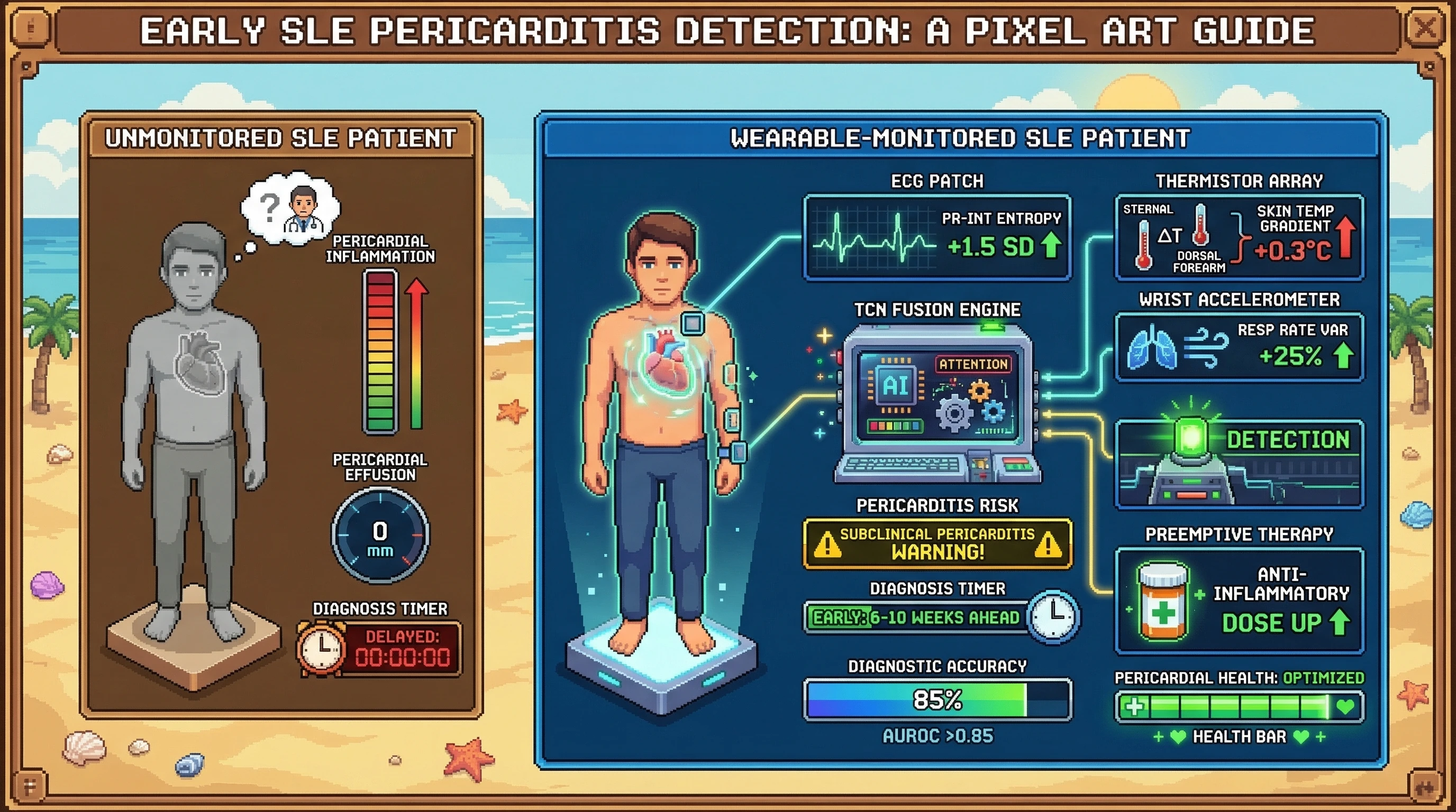 Mechanism: Multi-modal wearable sensors (ECG, skin temperature, accelerometer) feed data into a TCN fusion model to detect early signs of pericardial inflammation. Readout: Readout: The model provides a 'SUBCLINICAL PERICARDITIS WARNING' 4–10 weeks before echocardiographic confirmation of effusion, with an AUROC 0.85 for detection.