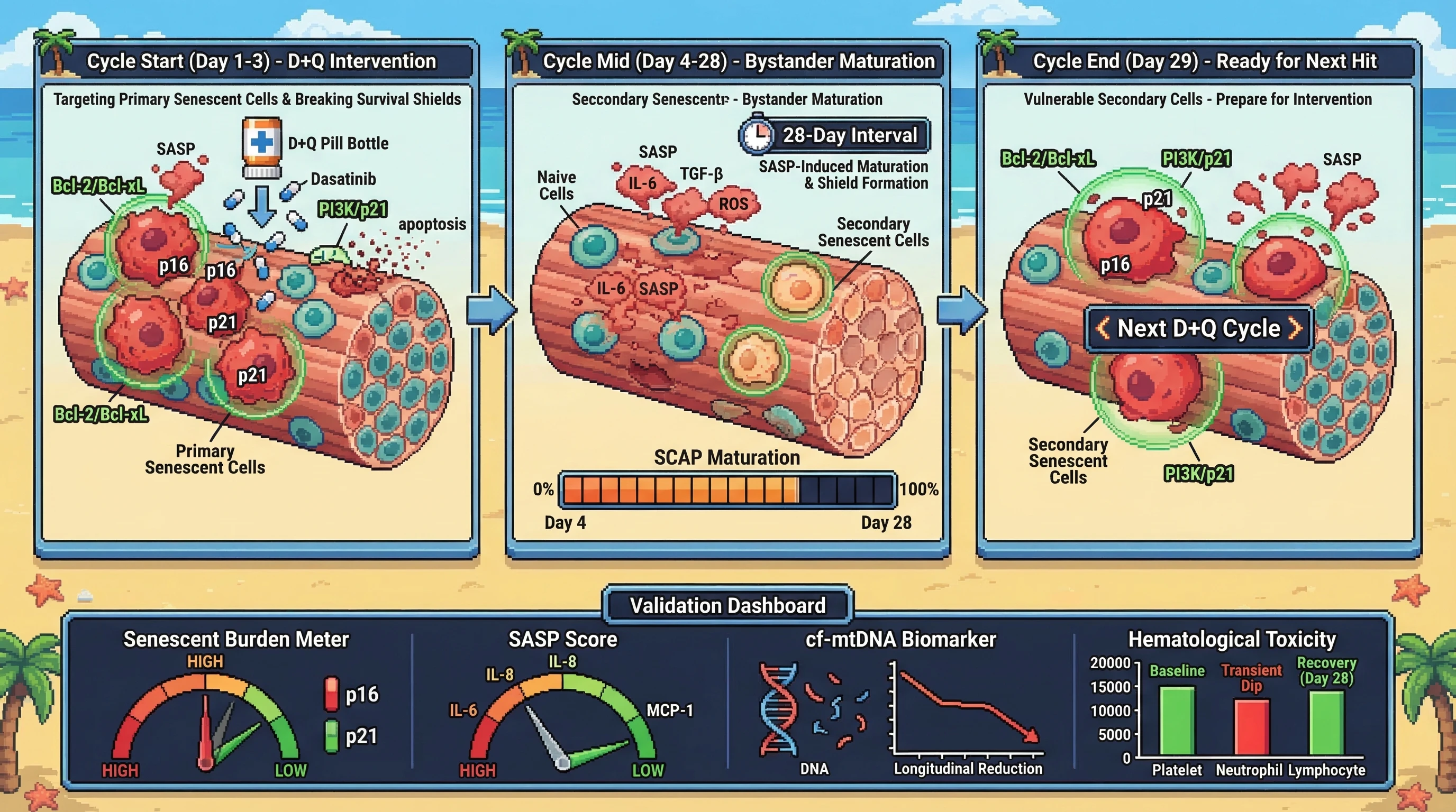 Mechanism: Intermittent D+Q therapy clears primary senescent cells, then allows a 28-day window for SASP-induced secondary senescent cells to mature and become susceptible to the next D+Q cycle. Readout: Readout: This protocol reduces senescent cell burden markers (p16, p21), circulating SASP cytokines, and cf-mtDNA, while hematological toxicity recovers within the drug-free interval.