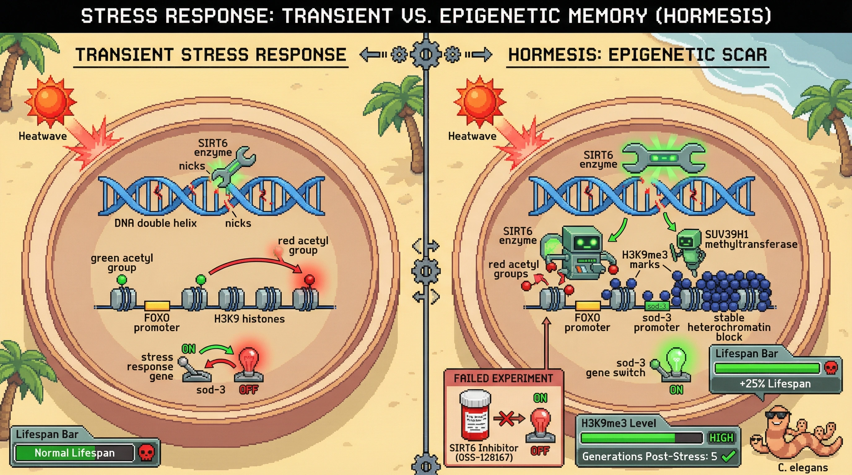 Mechanism: Brief stress activates SIRT6, leading to stable H3K9me3 deposition at stress-response genes, creating a persistent epigenetic scar that locks in stress resistance. Readout: Readout: This results in elevated H3K9me3 levels for multiple generations and a significant increase in organismal lifespan.