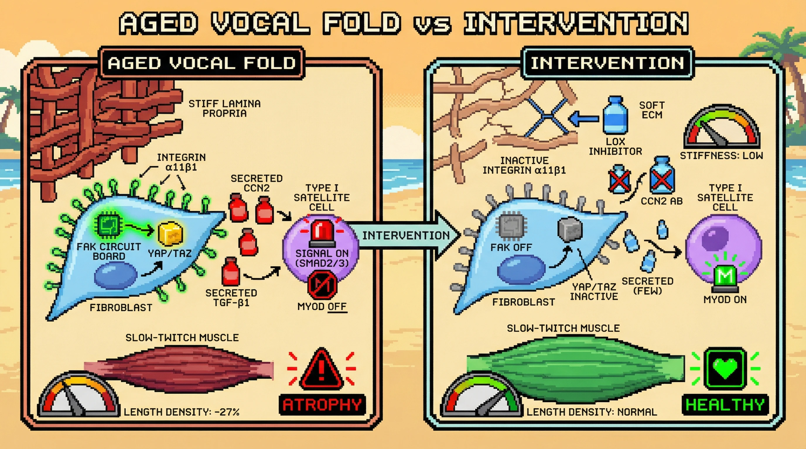 Infographic for: Hypothesis: Age‑Related Increase in Lamina Propria Collagen Stiffness Drives Fiber‑Type‑Selective Thyroarytenoid Atrophy via Integrin‑Mediated Fibroblast Secretome Shifts
