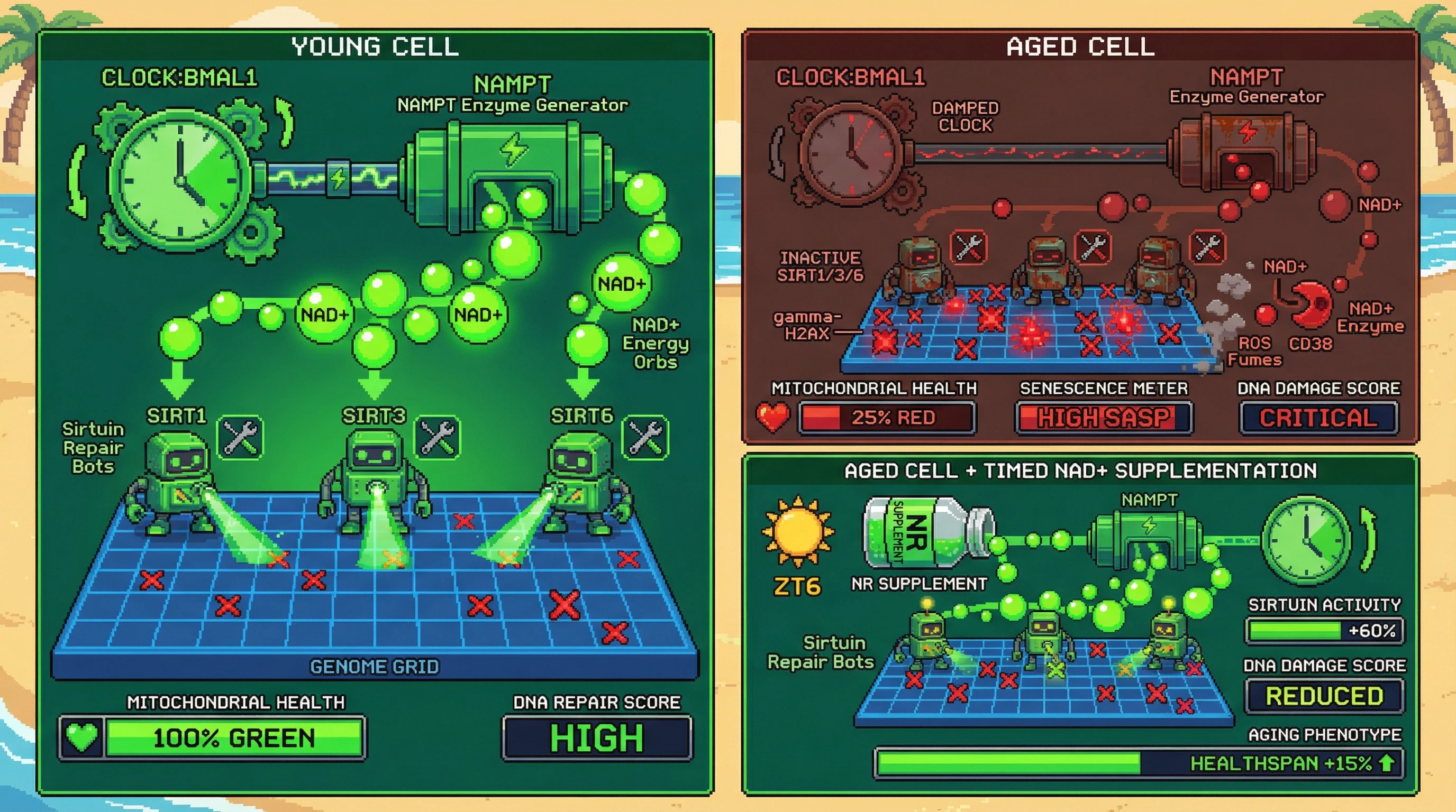 Infographic for: Circadian NAD+ Oscillations Gate Sirtuin-Mediated Genome Maintenance: A Testable Model for Temporal Firewall Failure in Aging