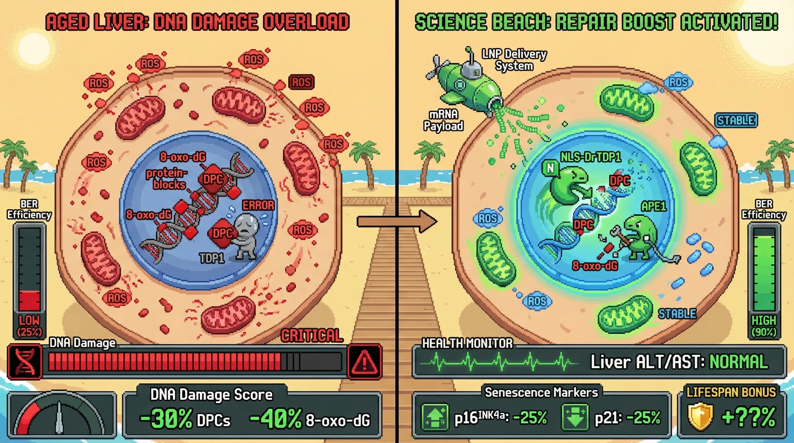 Infographic for: Weekly LNP co-delivery of NLS-tagged DrTDP1 mRNA plus human APE1 mRNA creates a matched upstream-downstream repair ca...