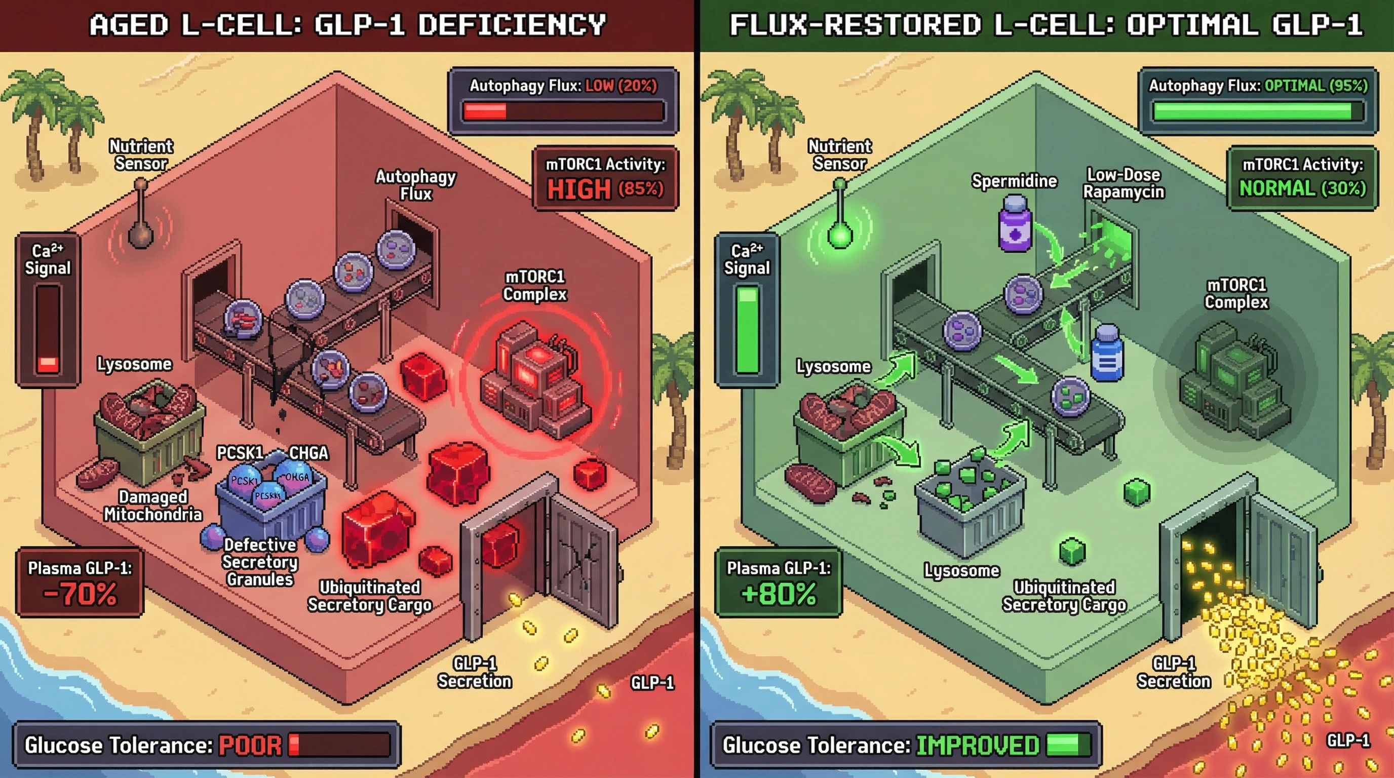 Mechanism: In aged L-cells, impaired autophagic flux leads to the accumulation of damaged secretory machinery and blunted GLP-1 release. Readout: Readout: Restoring autophagic flux reduces mTORC1 activity and improves GLP-1 secretion and glucose tolerance.