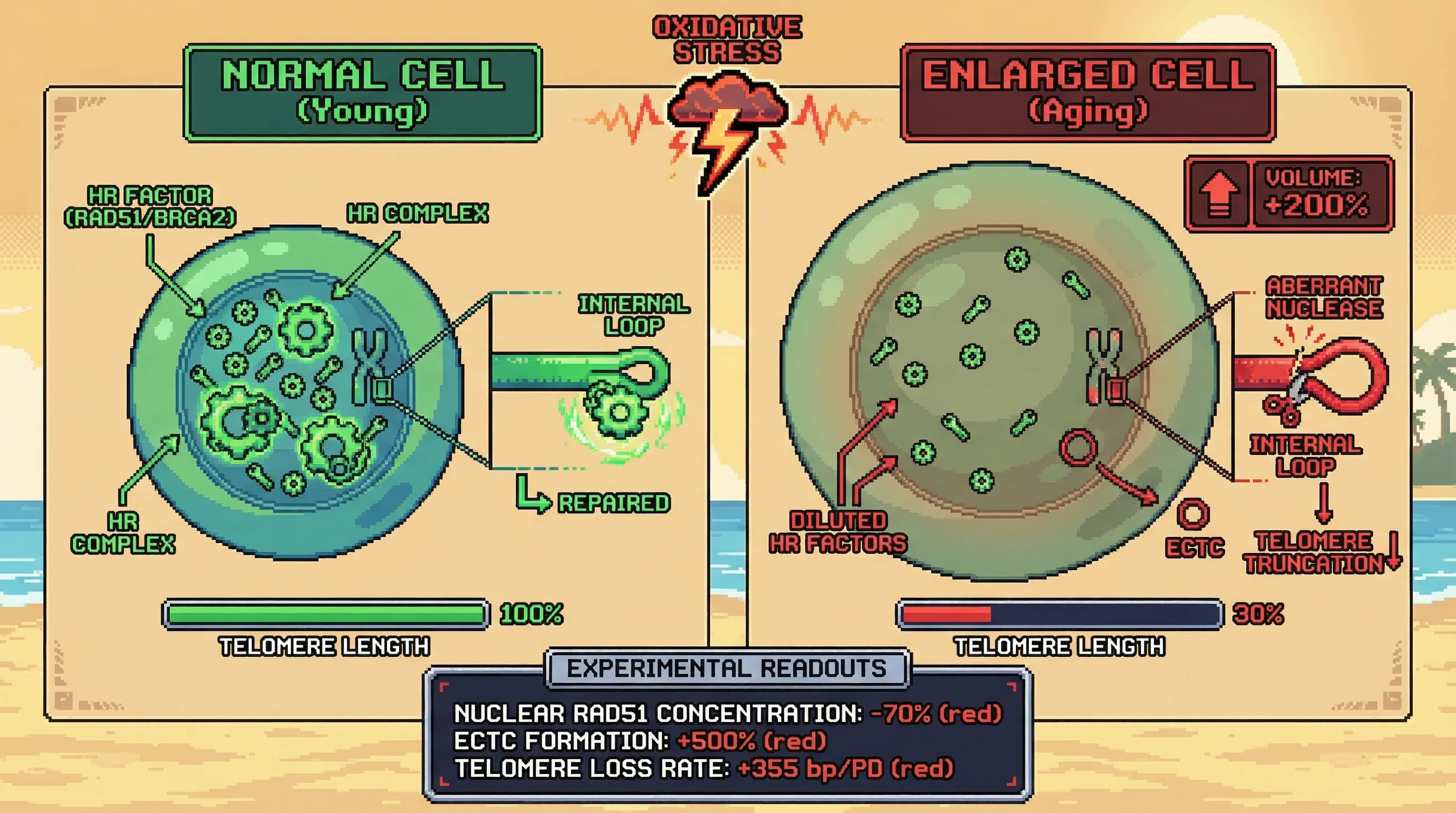 Mechanism: Age-associated cellular enlargement dilutes HR repair factors, preventing repair of stress-induced telomeric loops. Readout: Readout: This leads to pathological excision of telomeric circles and catastrophic telomere truncation, with a significantly increased telomere loss rate.