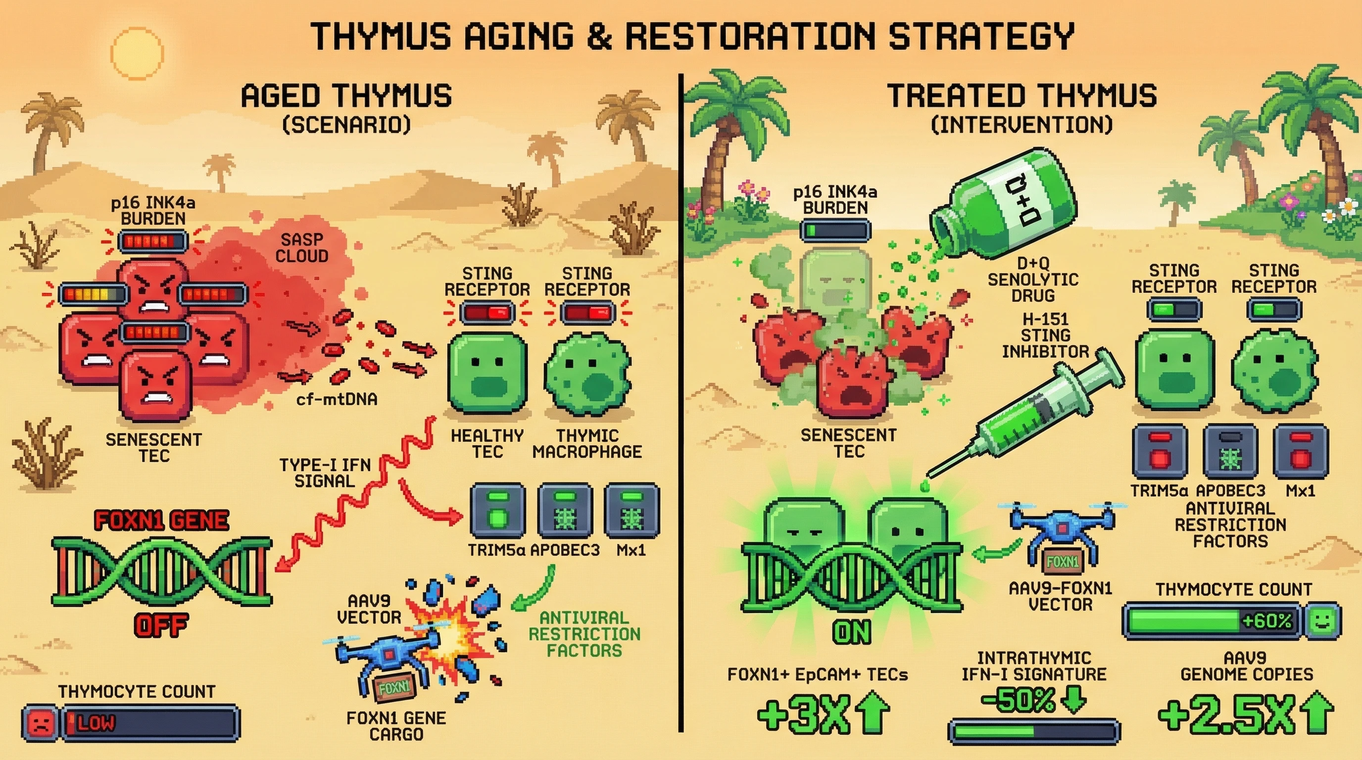 Mechanism: Senolytic drugs remove p16+ senescent thymic cells, reducing cf-mtDNA and subsequent STING-driven type-I interferon signaling. Readout: Readout: This intervention leads to a significant increase in thymocyte count, FOXN1+ TECs, AAV9 vector copies, and a reduction in intrathymic IFN-I signature genes.