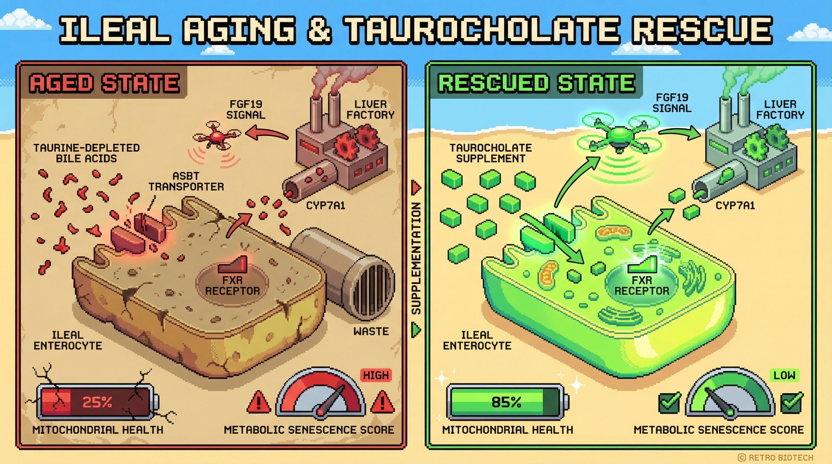 Mechanism: Age-related ASBT dysfunction impairs taurine-conjugated bile acid reabsorption, reducing intestinal FXR activation and FGF19 signaling, leading to metabolic senescence. Readout: Readout: Taurocholate supplementation restores ASBT function, increases FGF19, improves mitochondrial health, and lowers metabolic senescence scores.