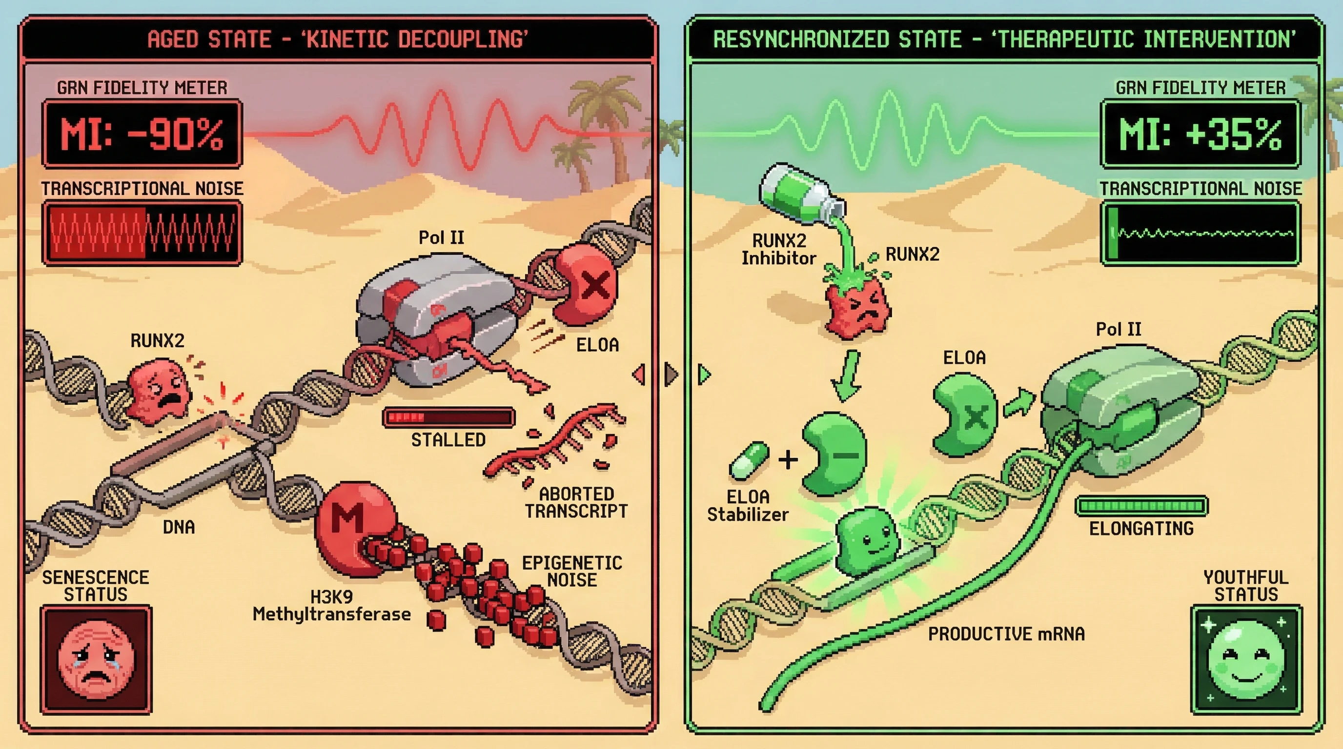 Mechanism: In aging, 'Kinetic Decoupling' causes transcription factors to bind unstably, leading to Pol II stalling and ELOA-mediated termination, which recruits repressive chromatin modifiers. Readout: Intervention involves inhibiting RUNX2 and stabilizing ELOA, enabling smooth Pol II elongation and productive mRNA synthesis.