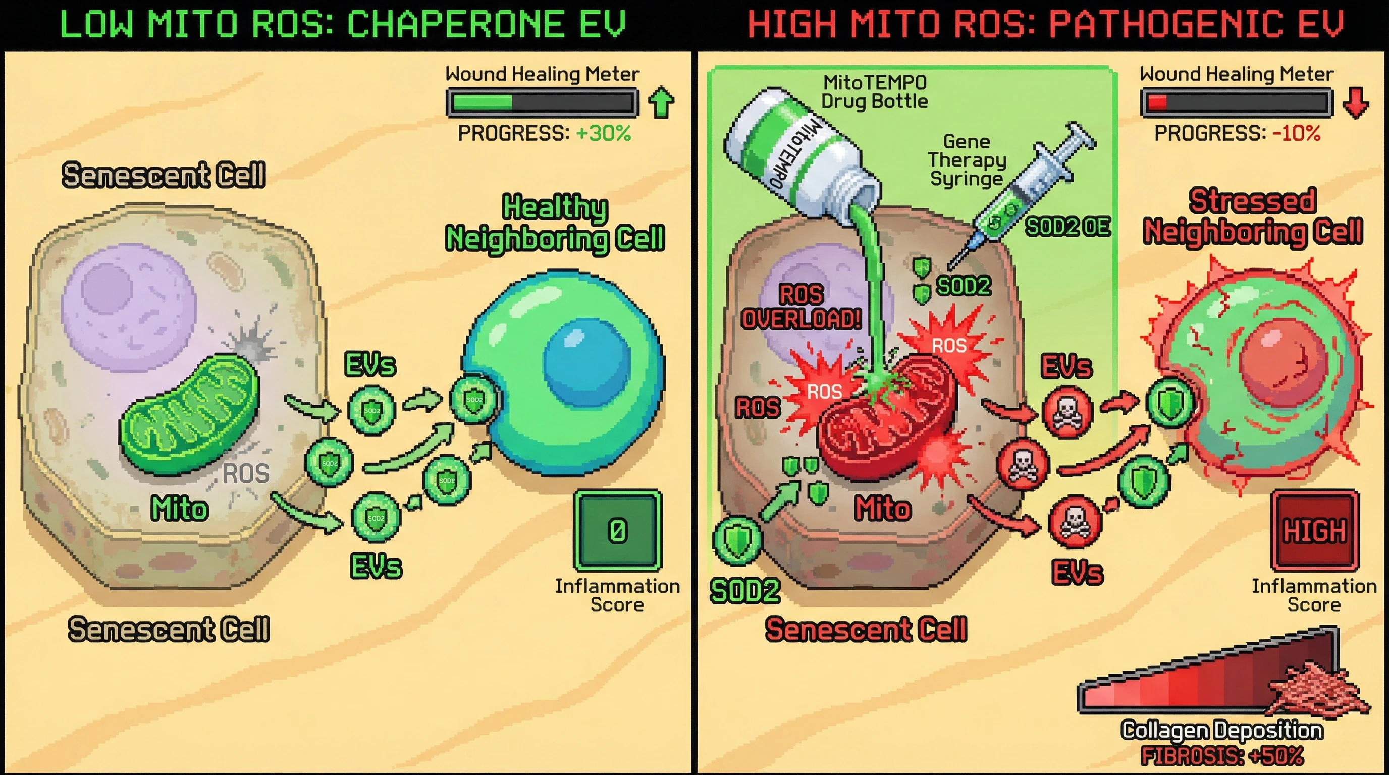 Infographic for: Senescent Cells Switch from Chaperones to Culprits When Mitochondrial ROS Overload Extracellular Vesicle Signaling