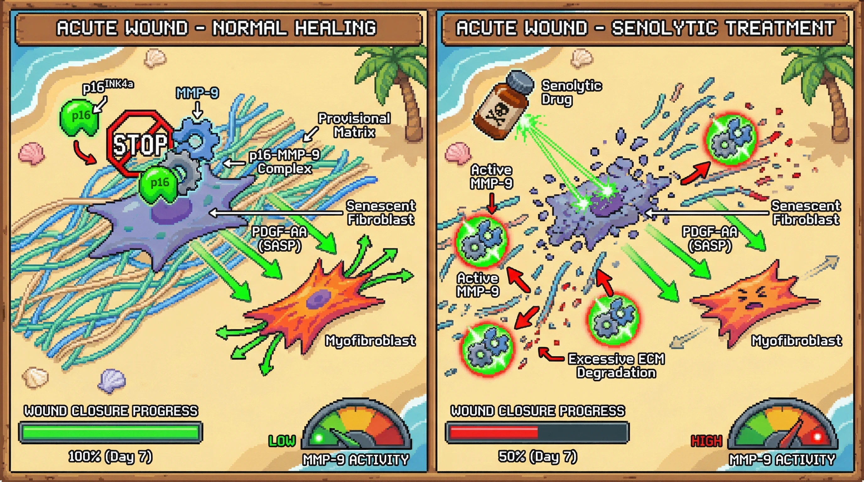 Infographic for: Senescent fibroblasts sequester matrix‑metalloproteinase‑9 via a p16^INK4a^‑dependent complex, and senolytic removal unleashes uncontrolled ECM degradation that stalls acute wound repair