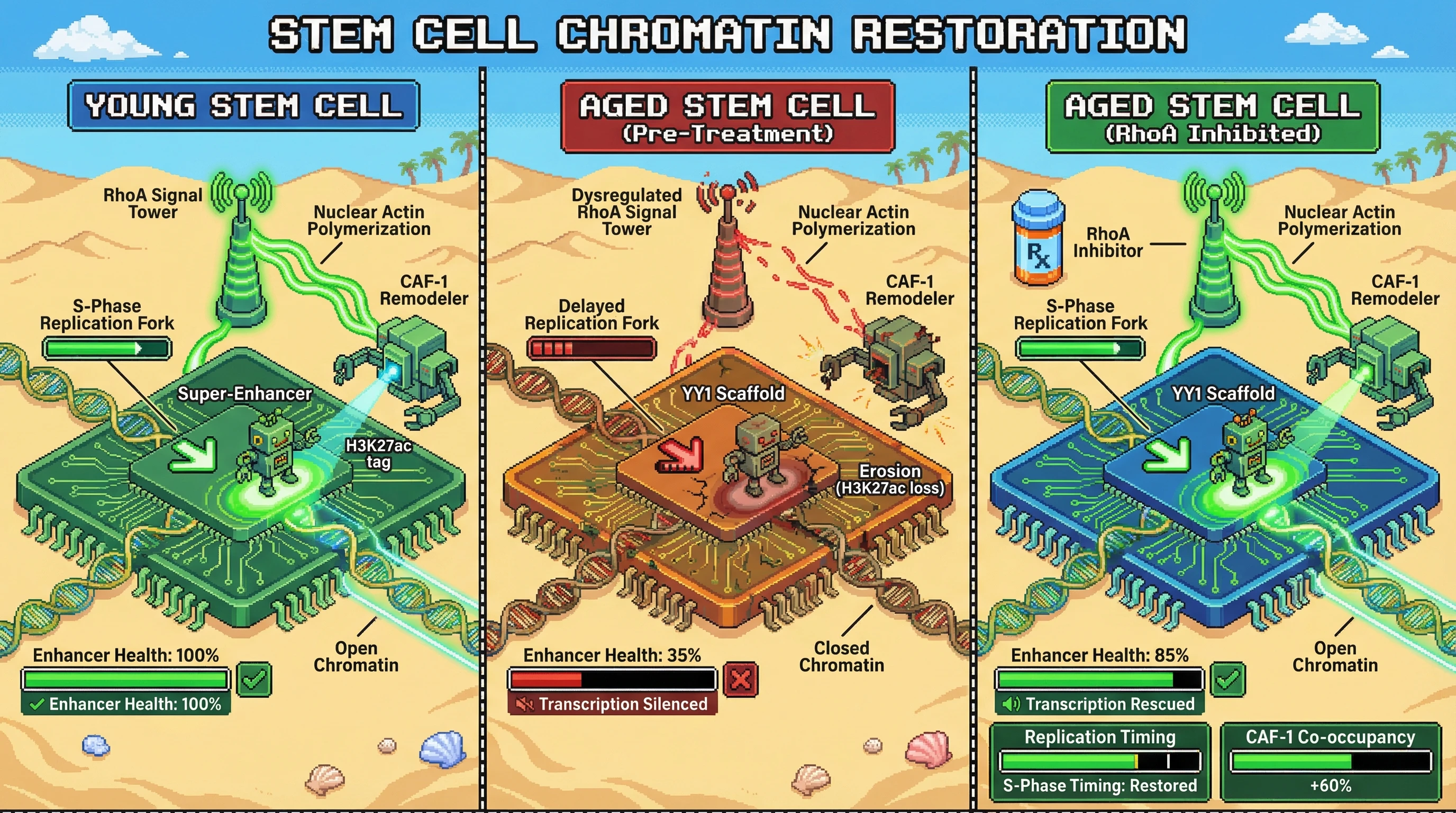 Mechanism: In young stem cells, RhoA-driven nuclear actin powers YY1 to recruit CAF-1 to super-enhancers during DNA replication, maintaining open chromatin. Readout: In aged cells, this pathway fails, leading to enhancer erosion, but RhoA inhibition can restore nuclear actin and CAF-1 recruitment.