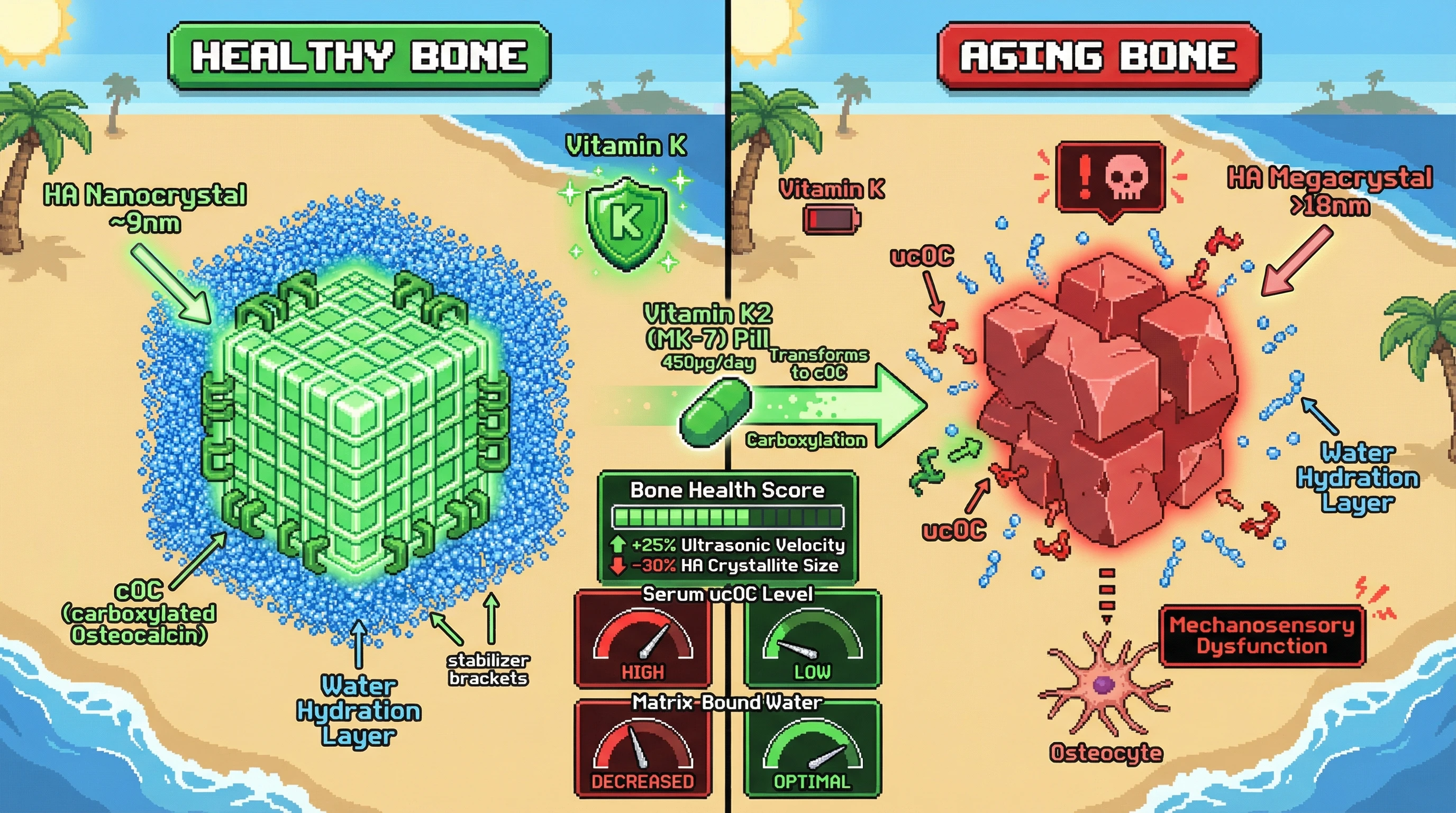 Infographic for: Vitamin K–dependent osteocalcin carboxylation regulates hydroxyapatite nanocrystal growth via surface-bound water modulation