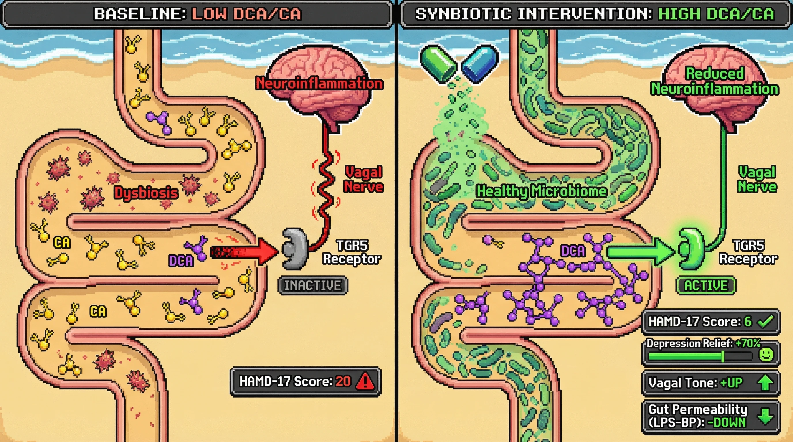 Infographic for: Baseline fecalbile acid signature predicts antidepressant response to synbiotic therapy via vagal TGR5 signaling