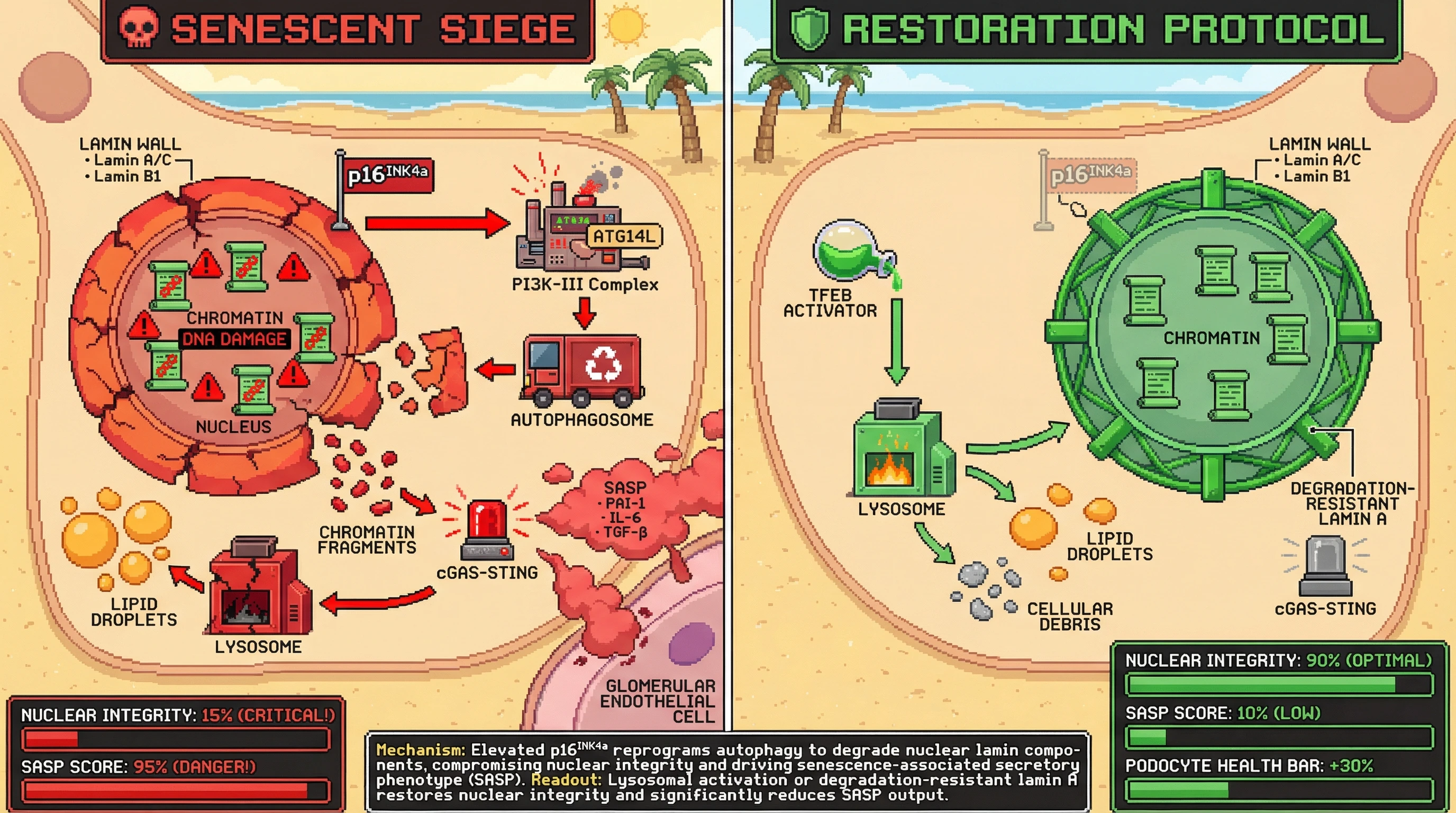 Infographic for: p16INK4a Reprograms Autophagic Substrate Selection Toward Nuclear Lamina Degradation, Locking Podocytes into a Senescent Siege State