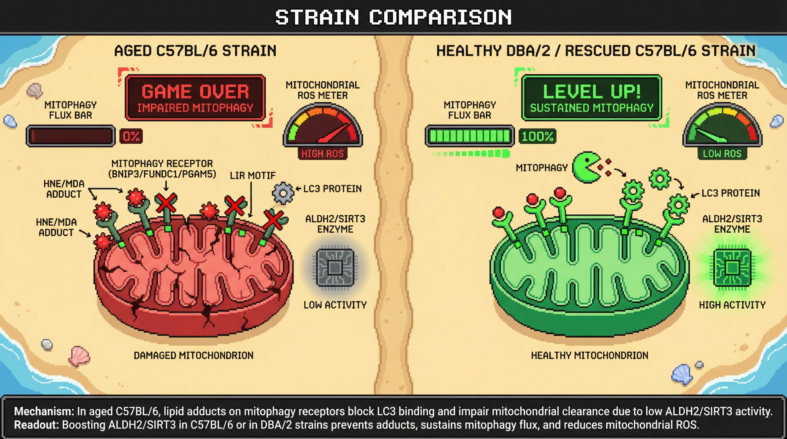 Infographic for: Adduct-Induced Conformational Switching of Mitochondrial Mitophagy Receptors as a Strain-Specific Determinant of Aging
